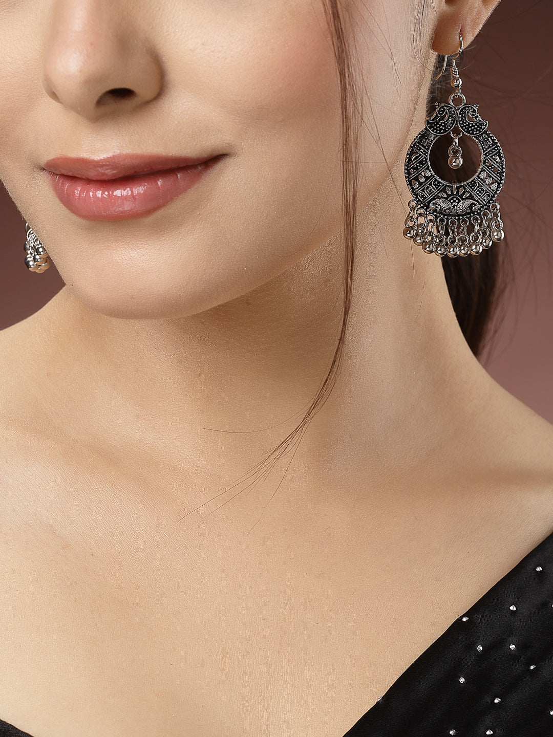 Women Set of 3 Silver-Toned German Silver Oxidised Dome Shaped Jhumka Earrings