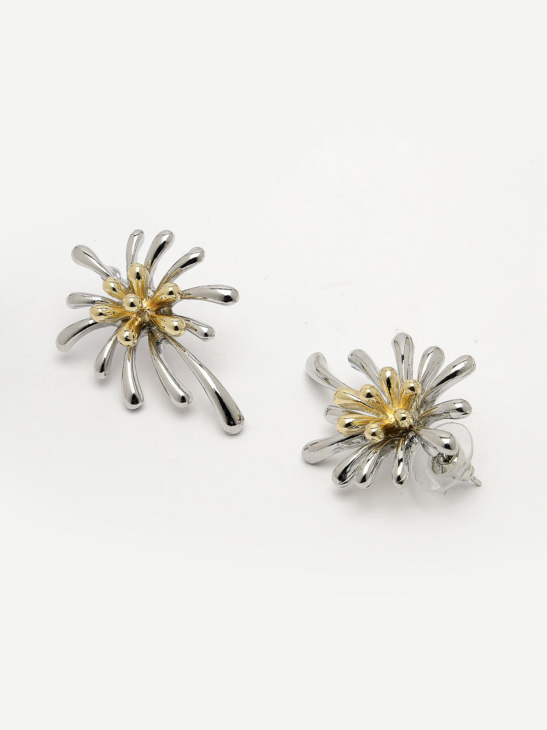 Women Set of 2 Silver & Gold Brass-Plated Floral Shape Drop Earrings