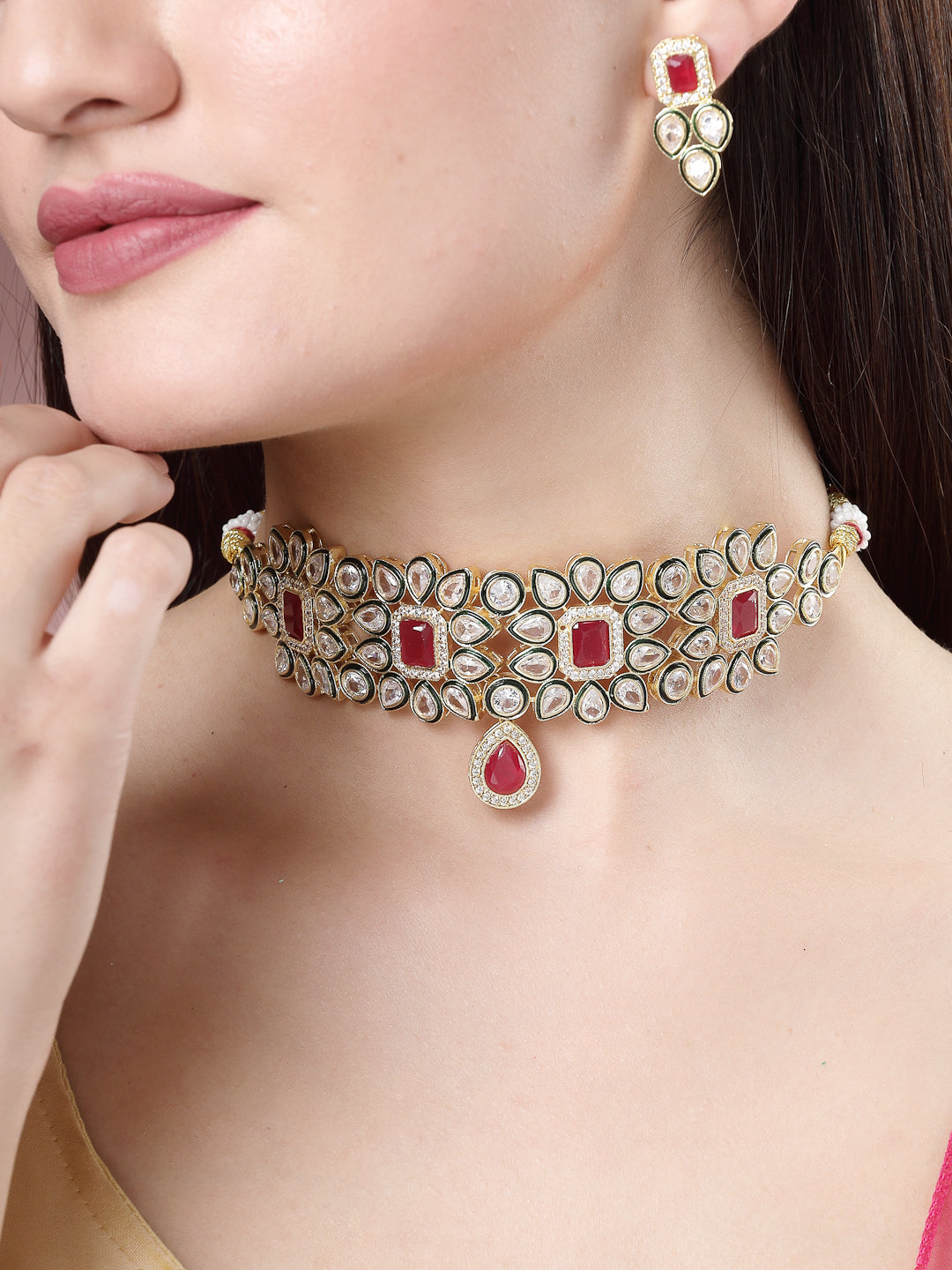 Women Set of 2 Red & Gold Kundan Studded Jewellery Set Choker & Long Necklace with Earrings