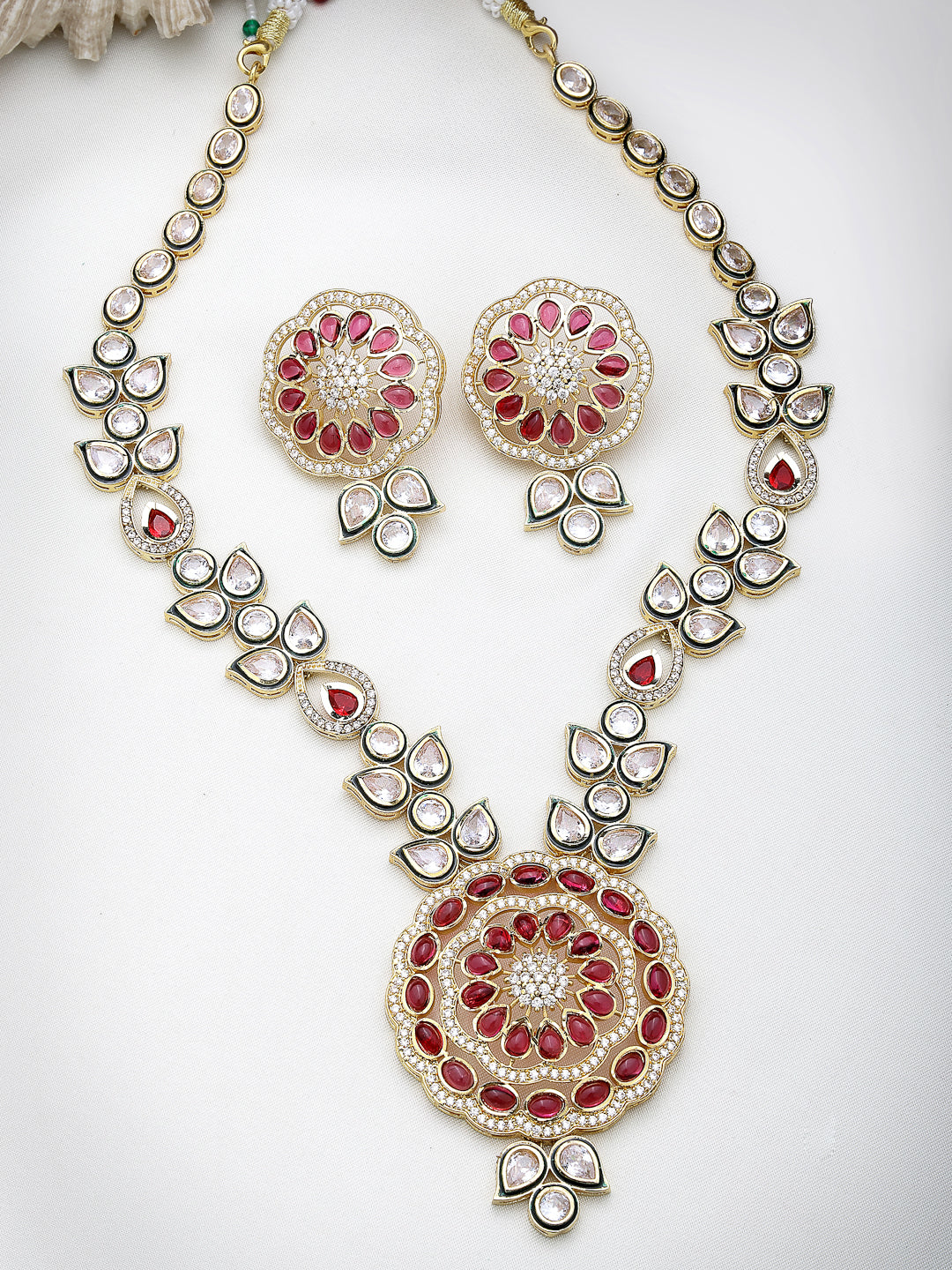 Women Set of 2 Red & Gold Kundan Studded Jewellery Set Choker & Long Necklace with Earrings