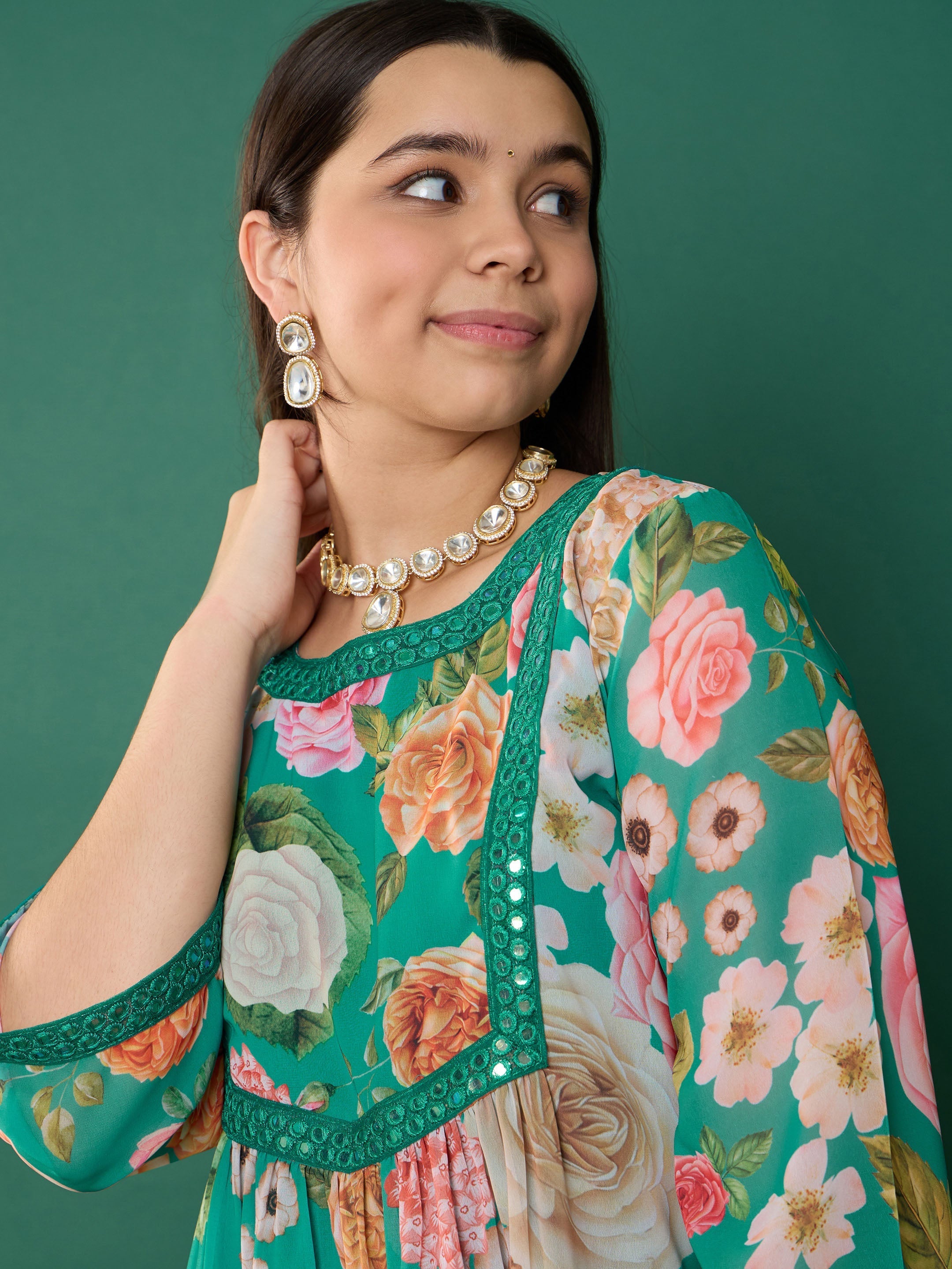 Girl Green Floral Short Kurta With Sharara Pants