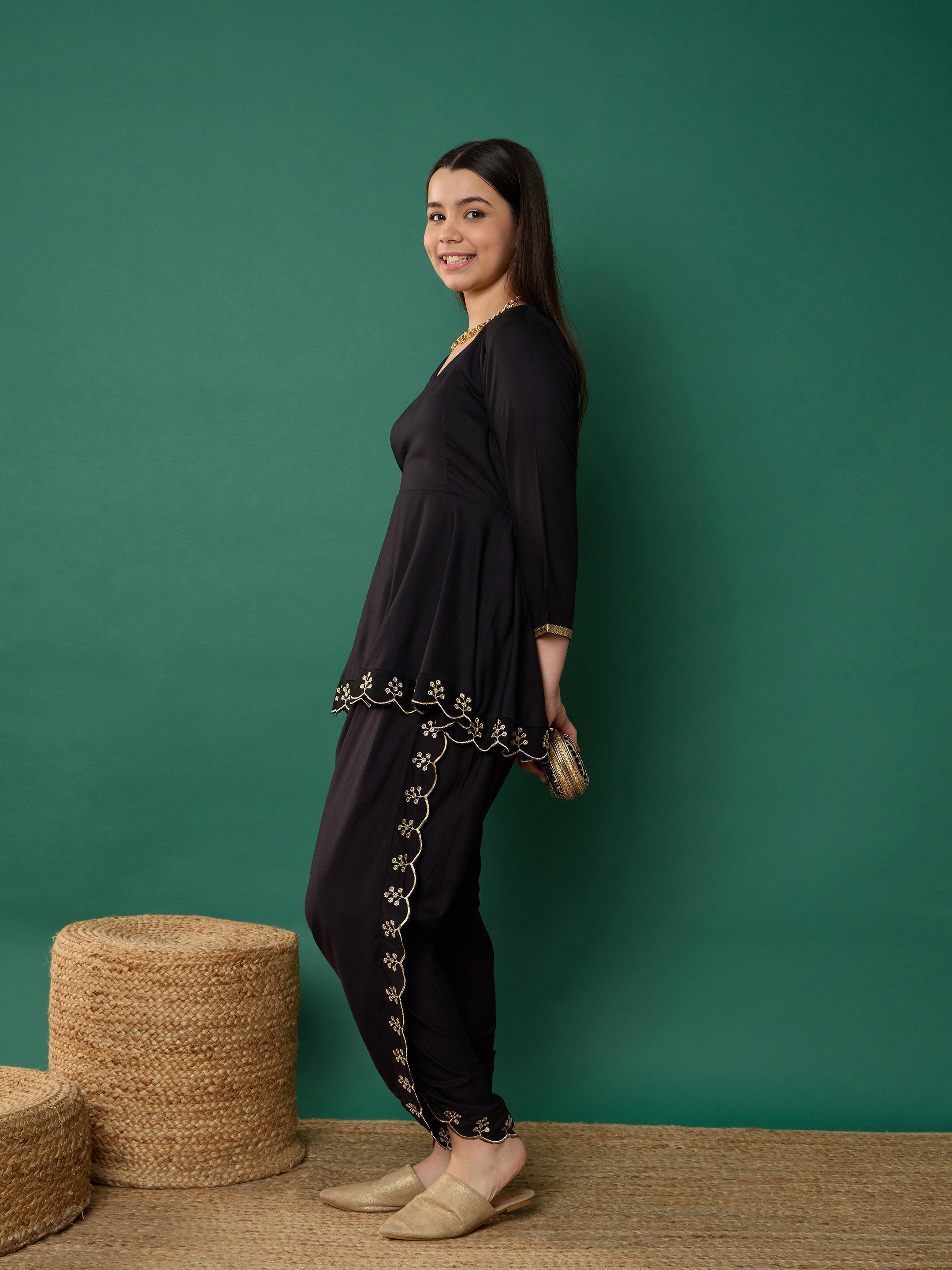 Girl Black Solid Peplum Top With Dhoti Pants