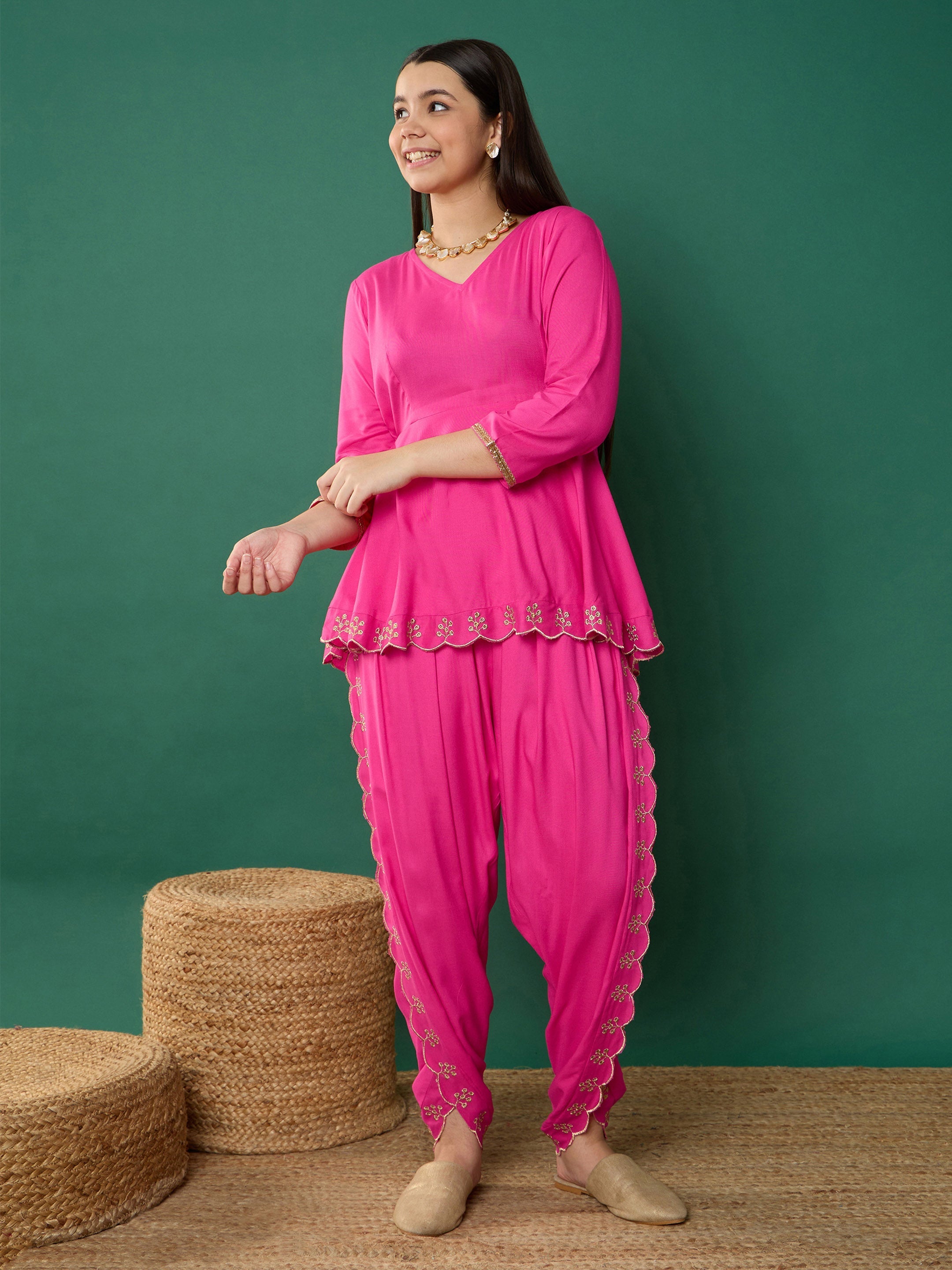 Girl Fuchsia Solid Peplum Top With Dhoti Pants