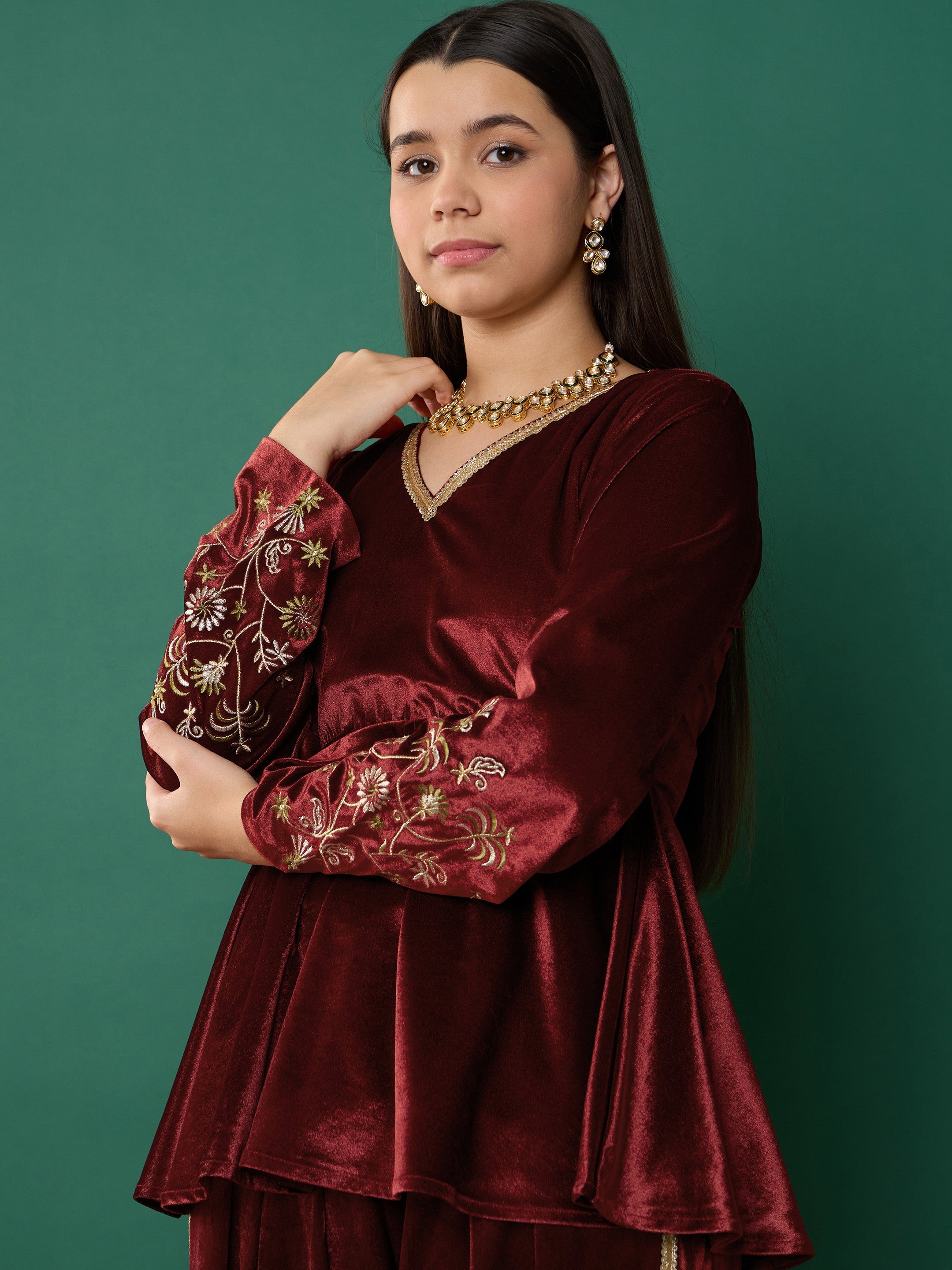 Girl Maroon Velvet Emb Peplum Top With Dhoti Pants