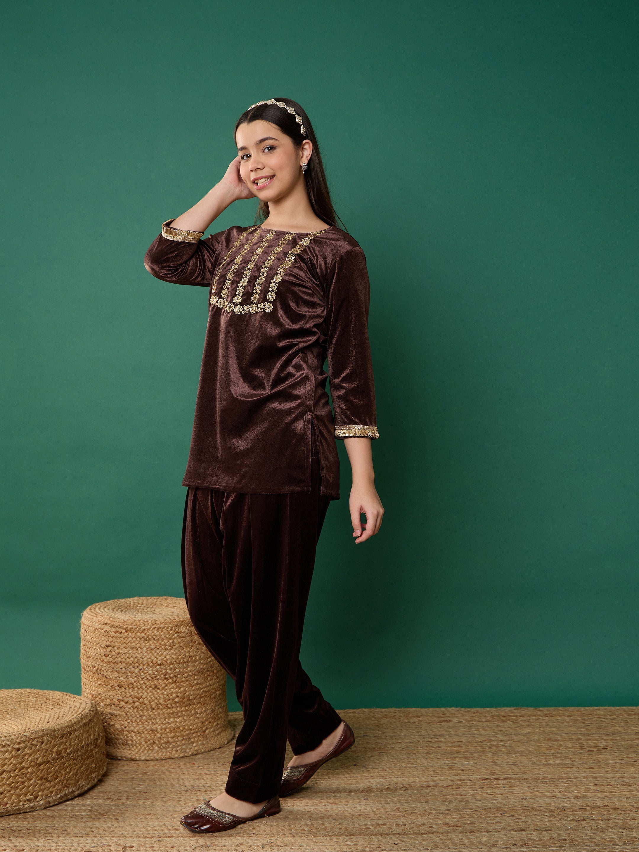 Girl Brown Velvet Embroidered Kurta With Salwar