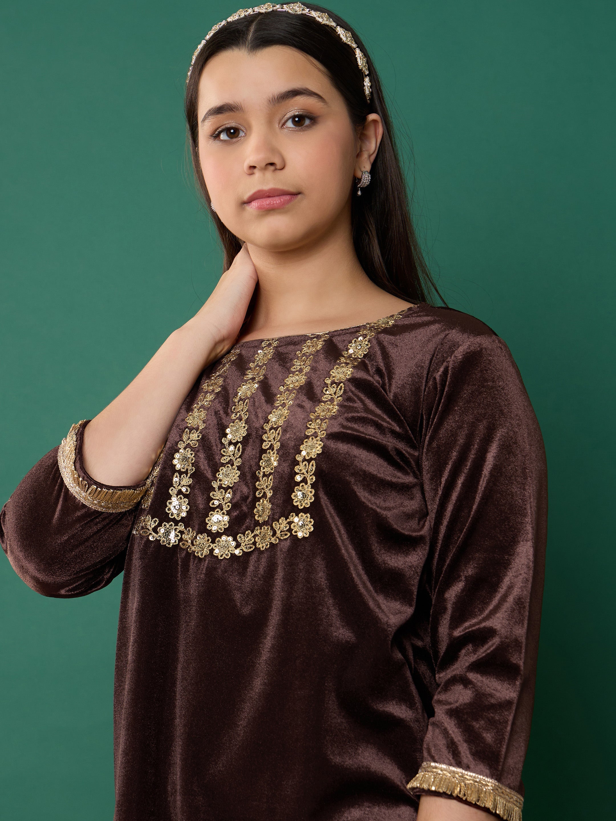 Girl Brown Velvet Embroidered Kurta With Salwar