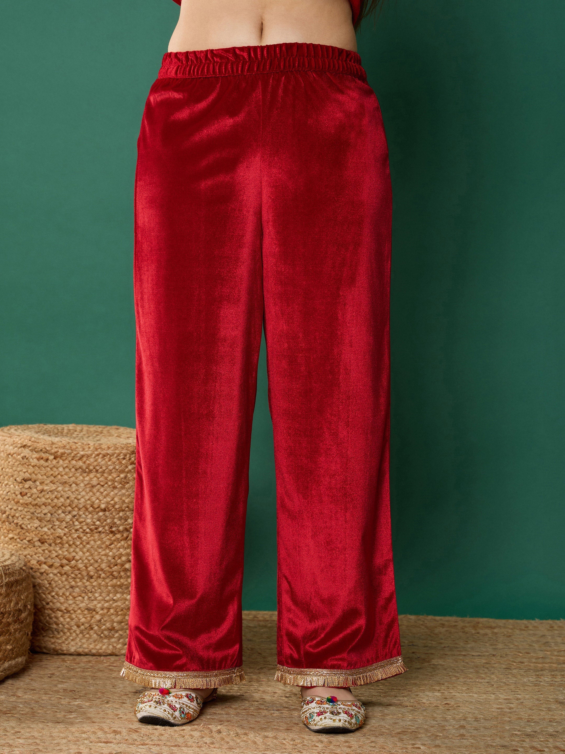 Girl Red Velvet Embroidered Kurta With Pants