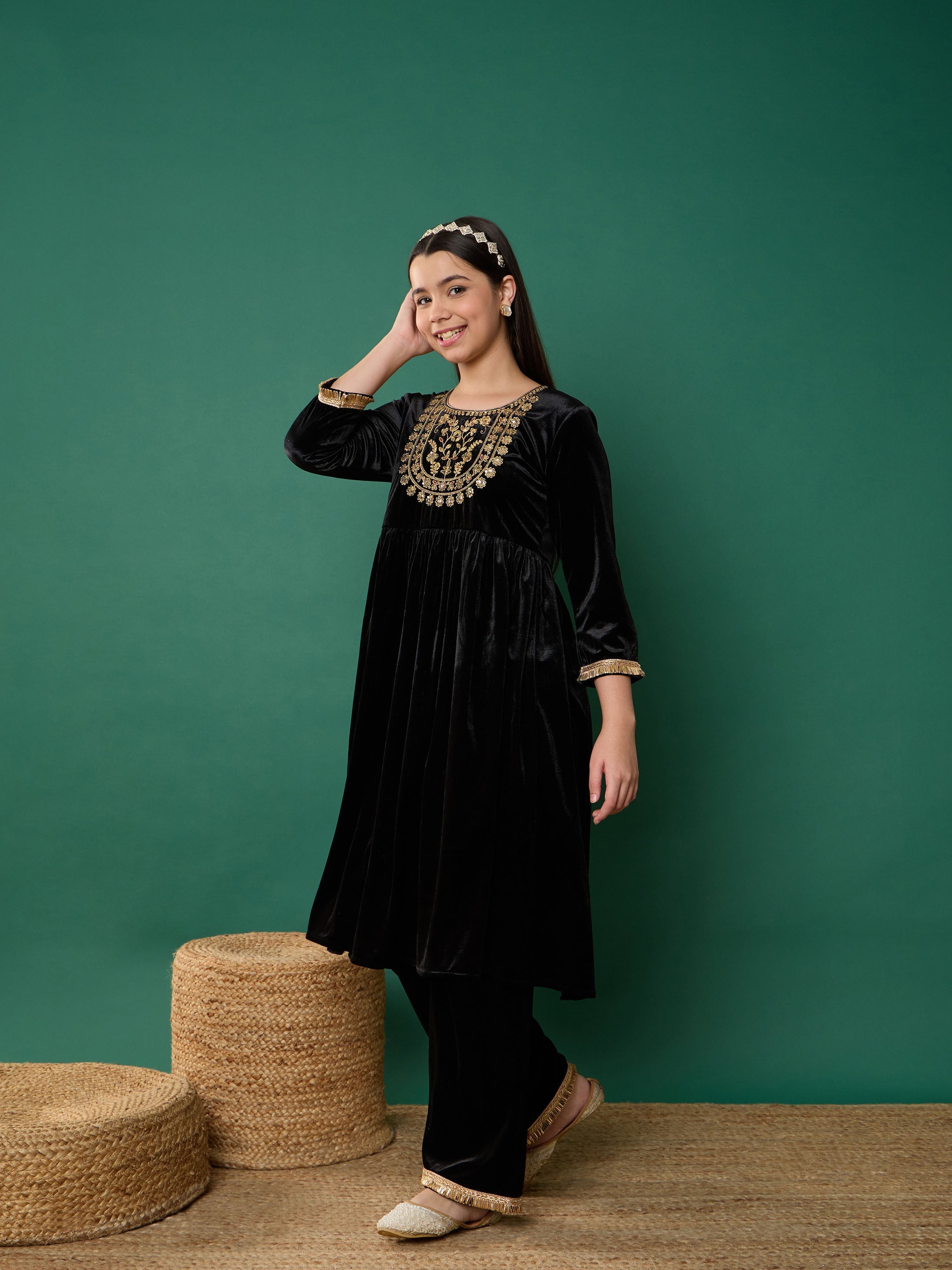 Girl Black Velvet Embroidered Kurta With Pants