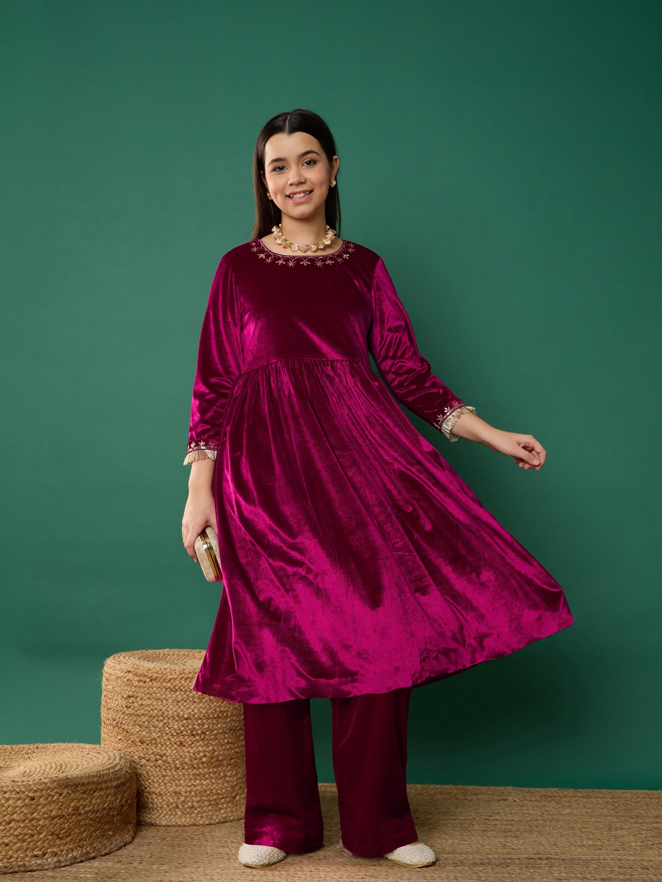 Girl Fuchsia Velvet Embroidered Gathered Kurta With Pants