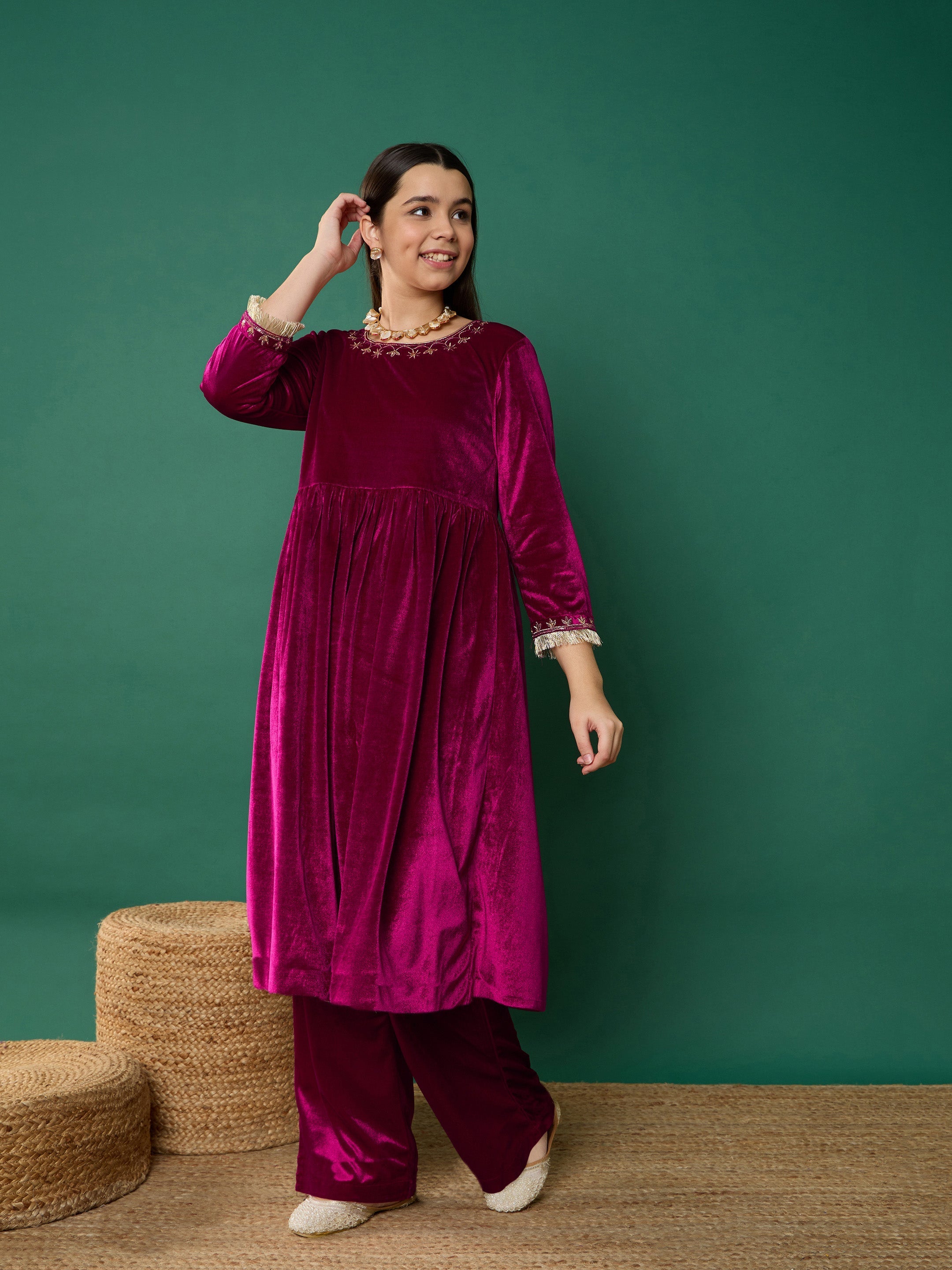 Girl Fuchsia Velvet Embroidered Gathered Kurta With Pants