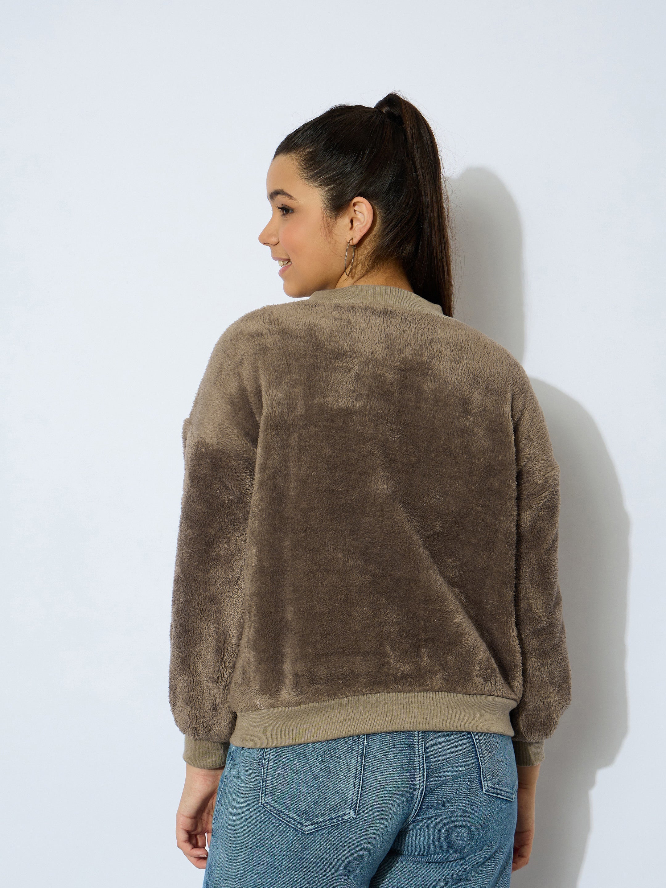 Girl Brown Double Fur High Neck Sweatshirt