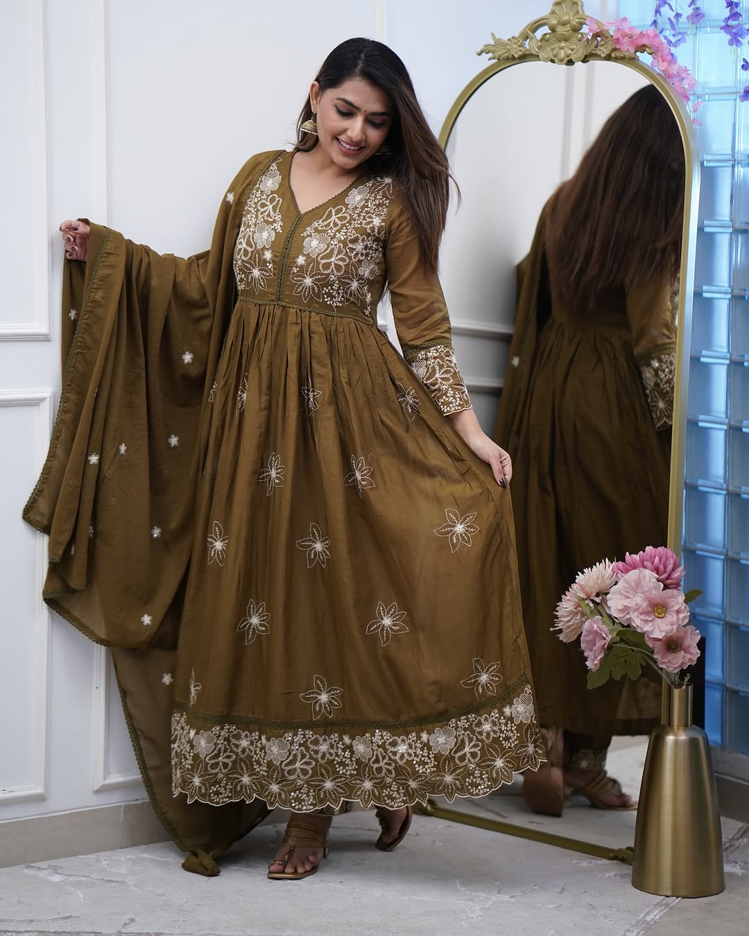 Women Party Wear Embroidery Worked Gown With Pant And Duppata Set NOZ2TOZ - Made In INDIA.
