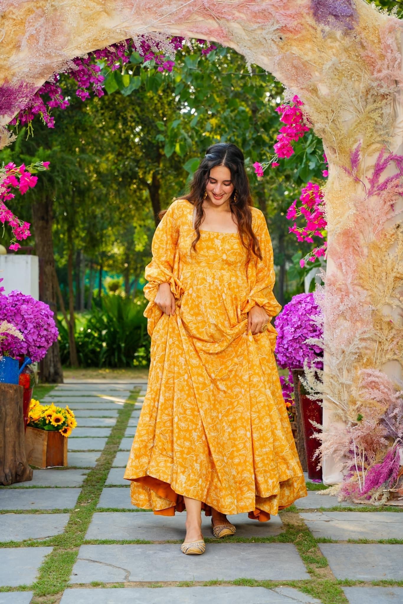 Woman Yellow Heavy Georgette Heavy Digital Printed  Gown