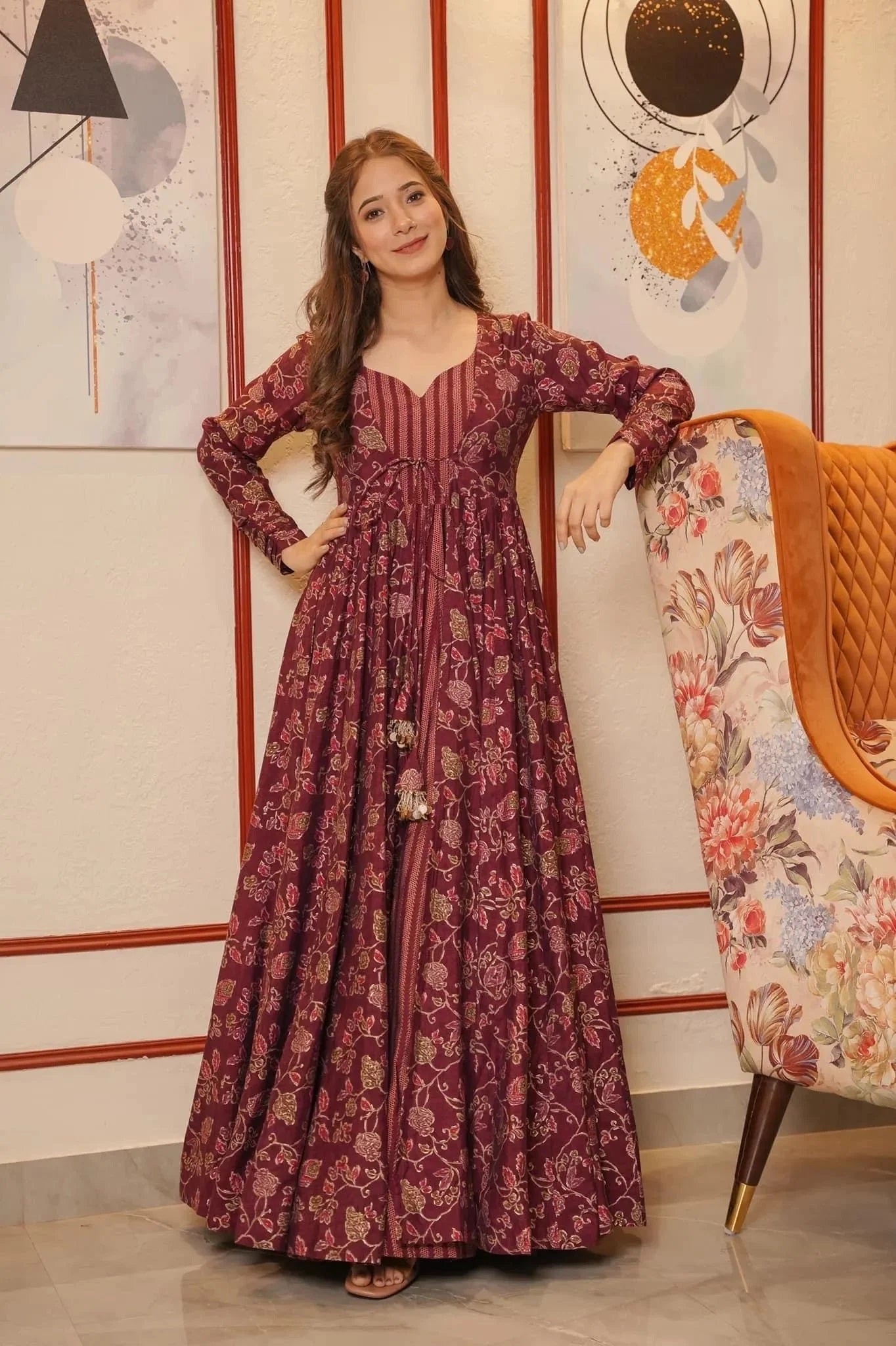 Woman Maroon Muslin Digital Printed  Gown - Shrug