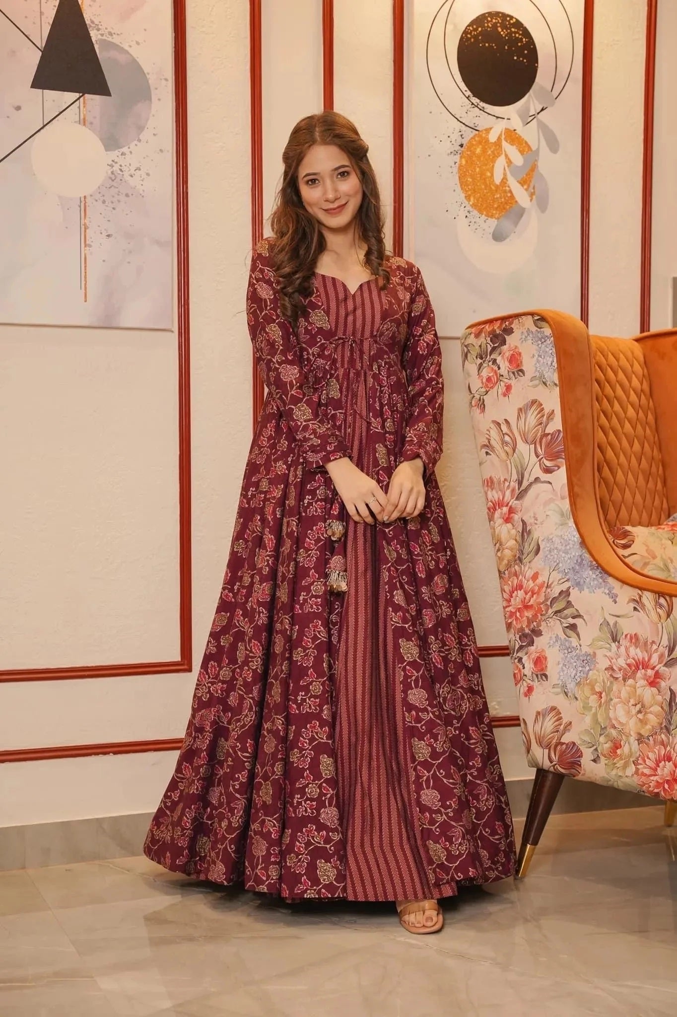 Woman Maroon Muslin Digital Printed  Gown - Shrug