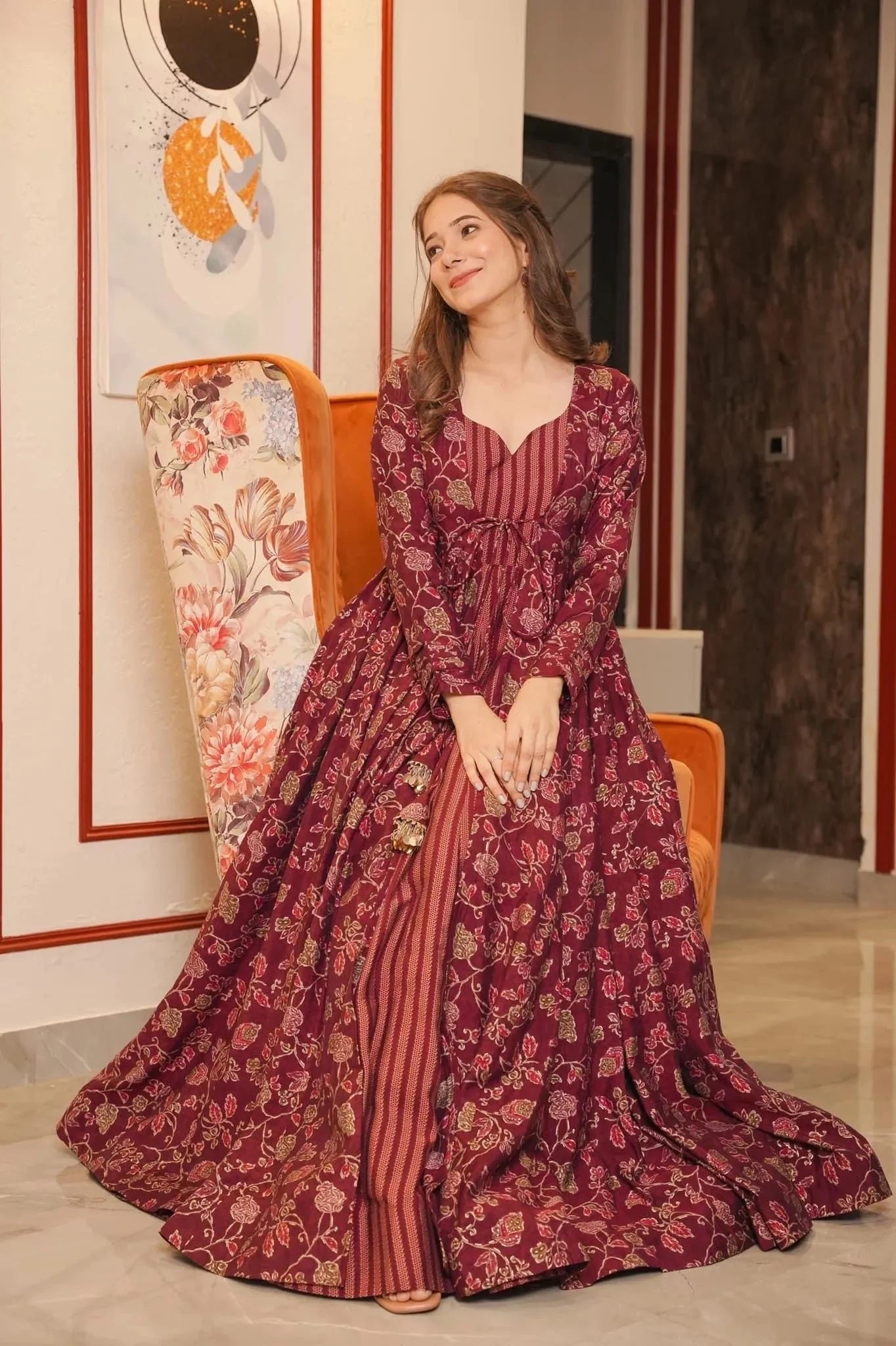 Woman Maroon Muslin Digital Printed  Gown - Shrug