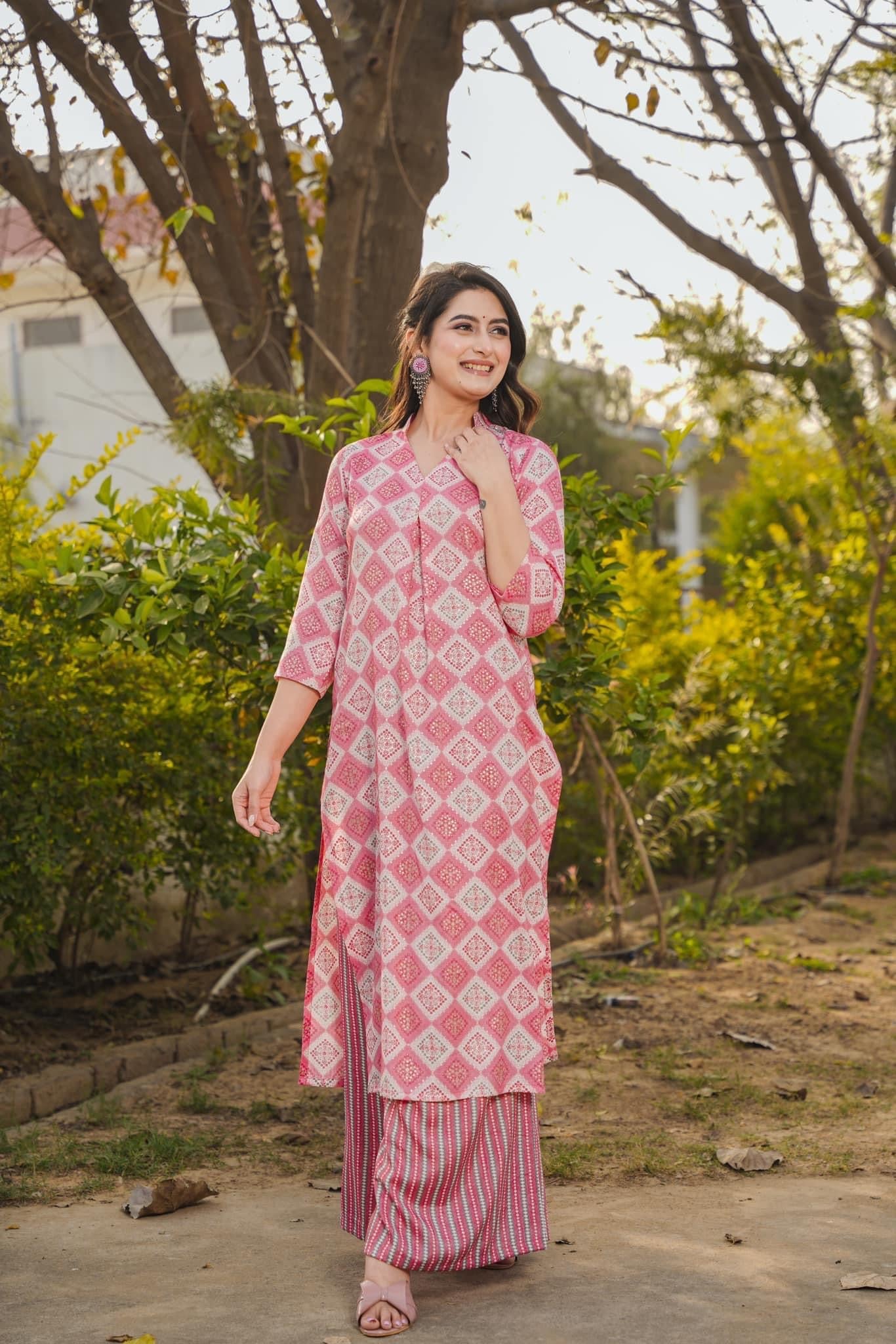 Woman Pink Pure Rayon Digital Printed  Kurta Set