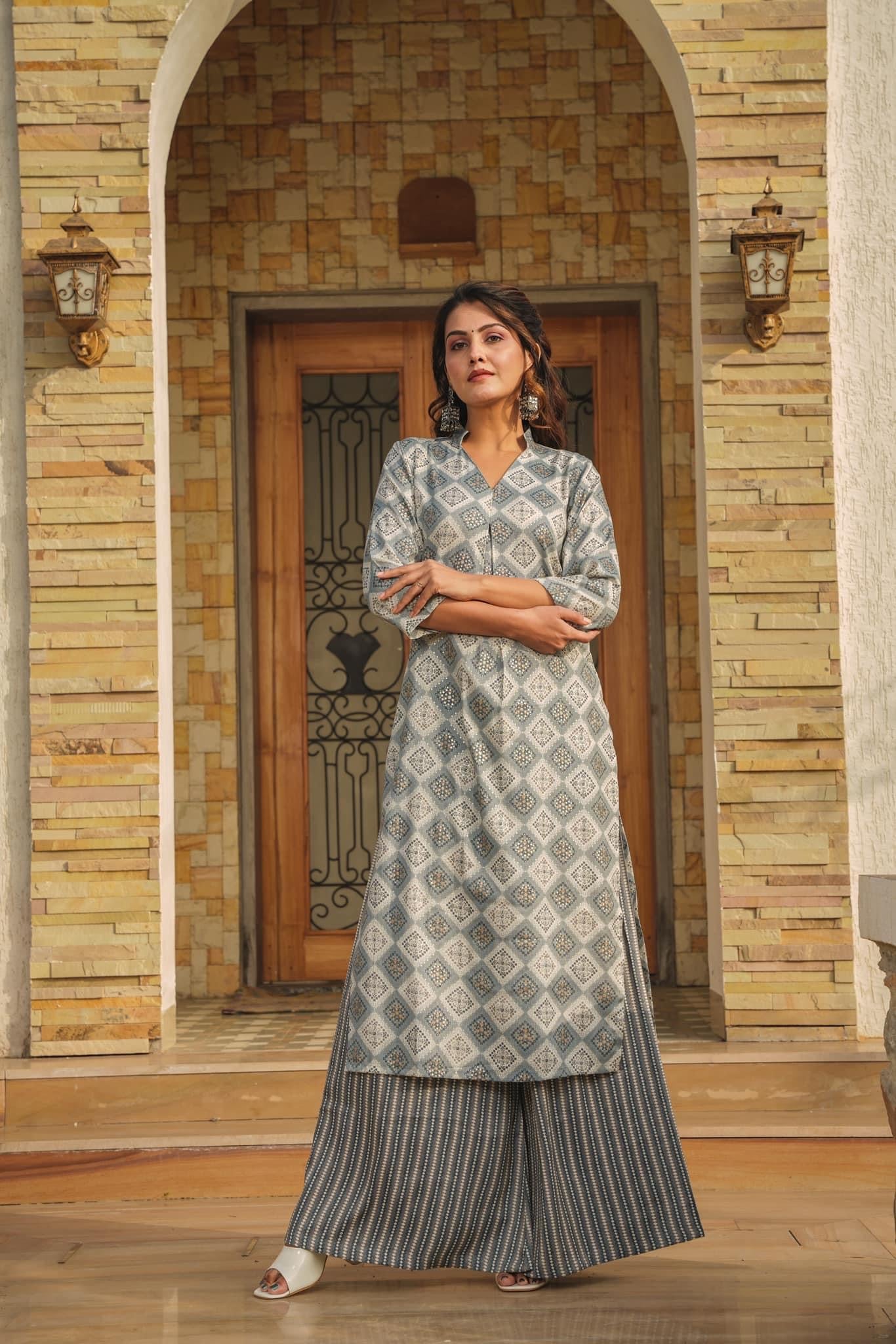 Woman Gray Pure Rayon Digital Printed  Kurta Set