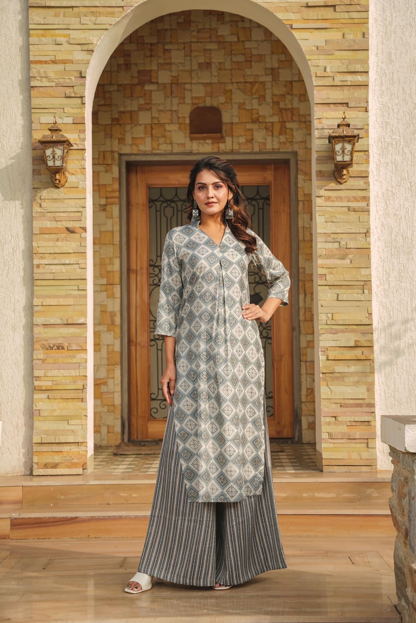 Woman Gray Pure Rayon Digital Printed  Kurta Set