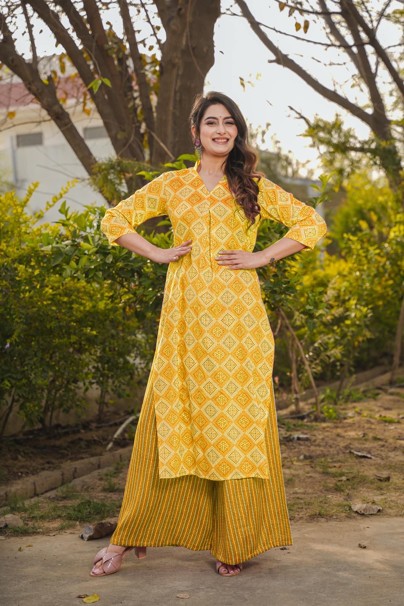 Woman Yellow Pure Rayon Digital Printed  Kurta Set