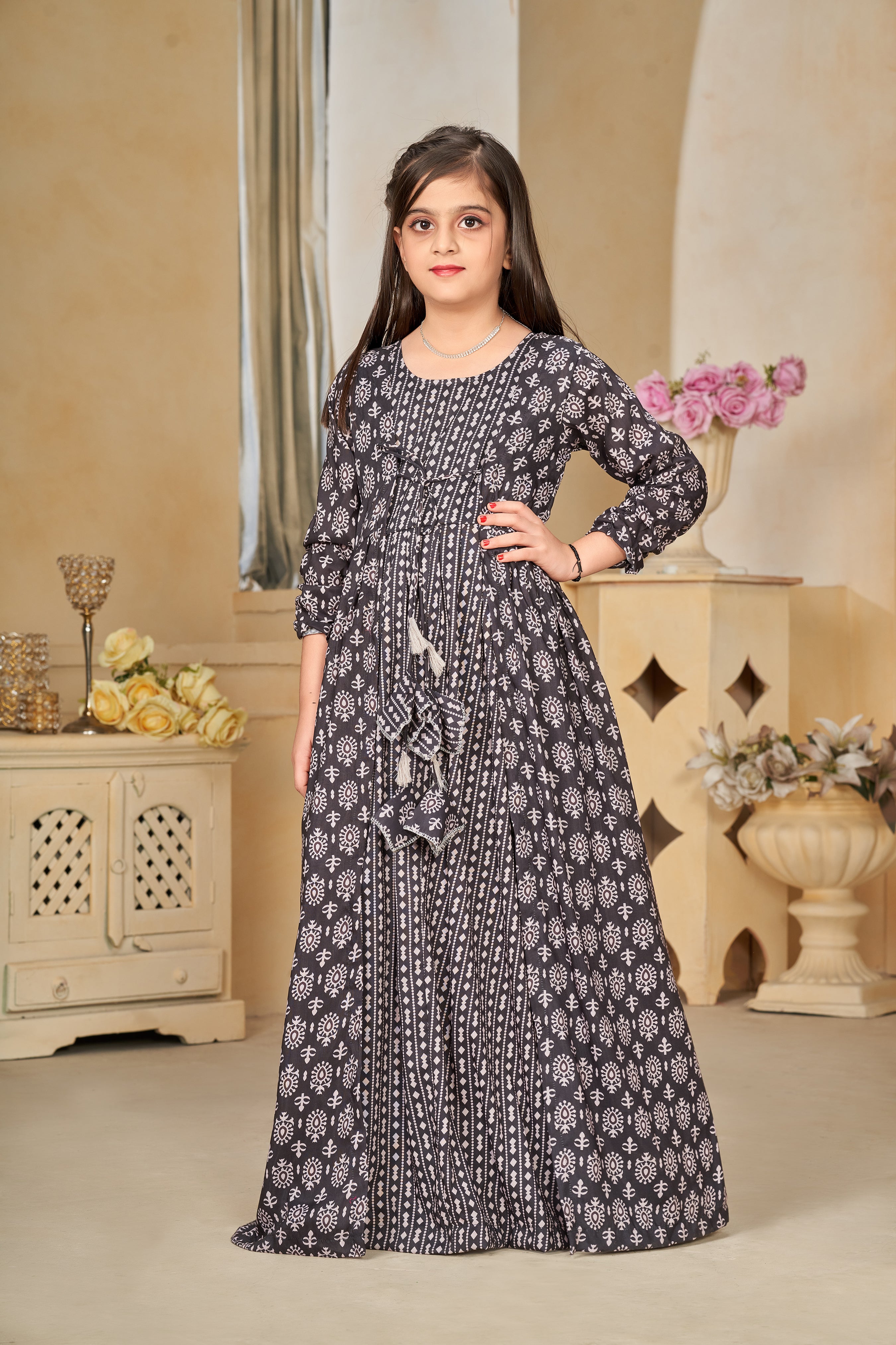 Kids Coal Black Muslin Digital Printed Kurti Set