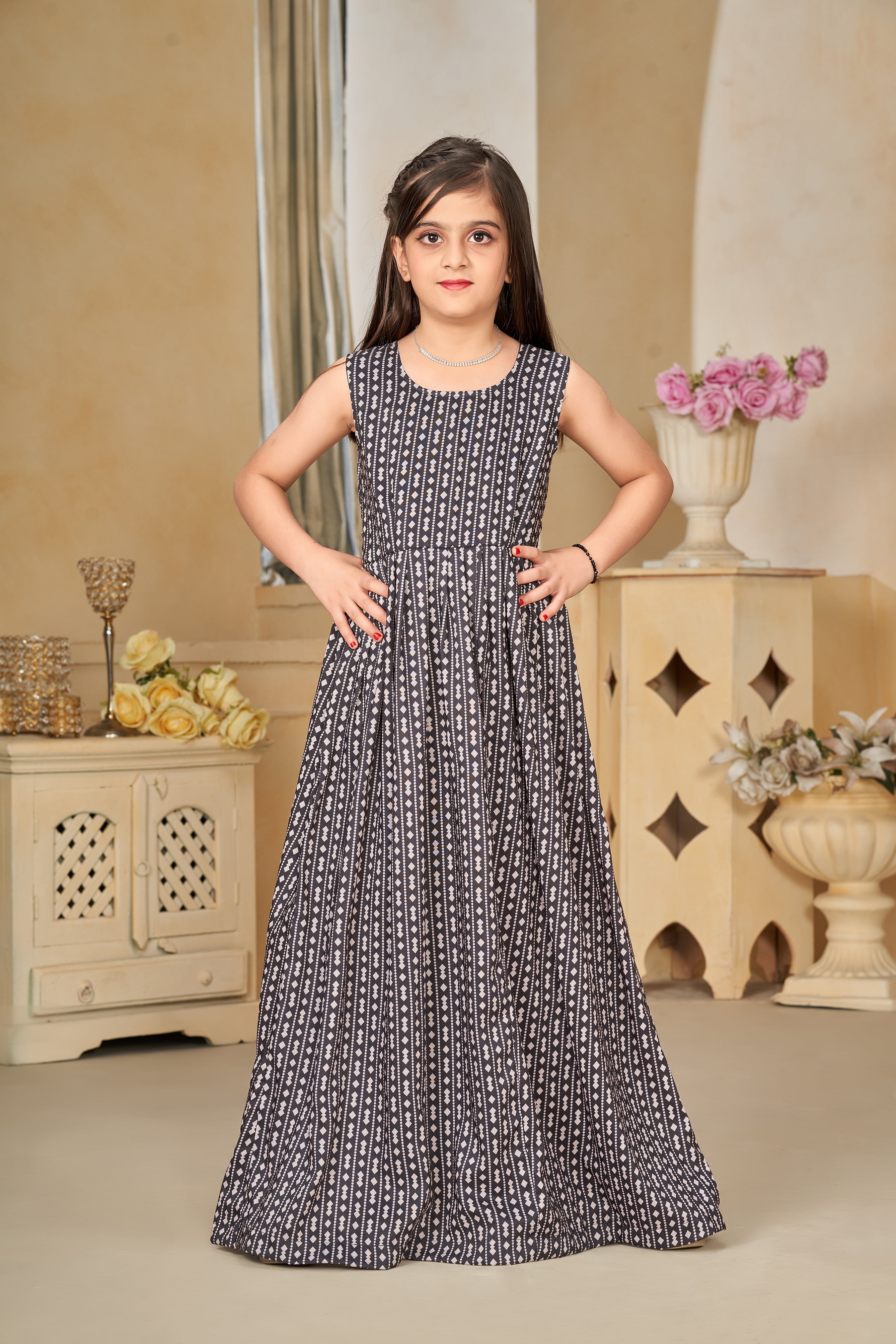 Kids Coal Black Muslin Digital Printed Kurti Set