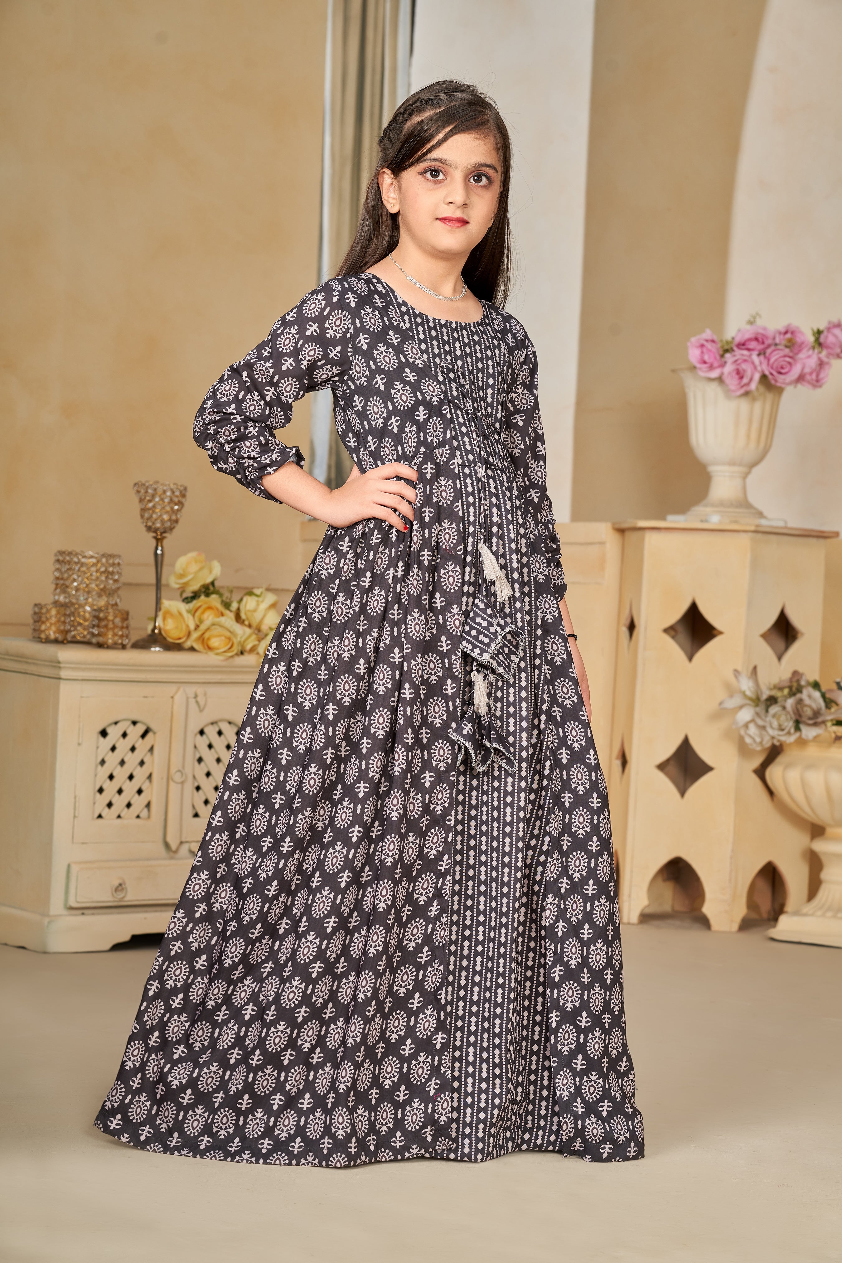 Kids Coal Black Muslin Digital Printed Kurti Set