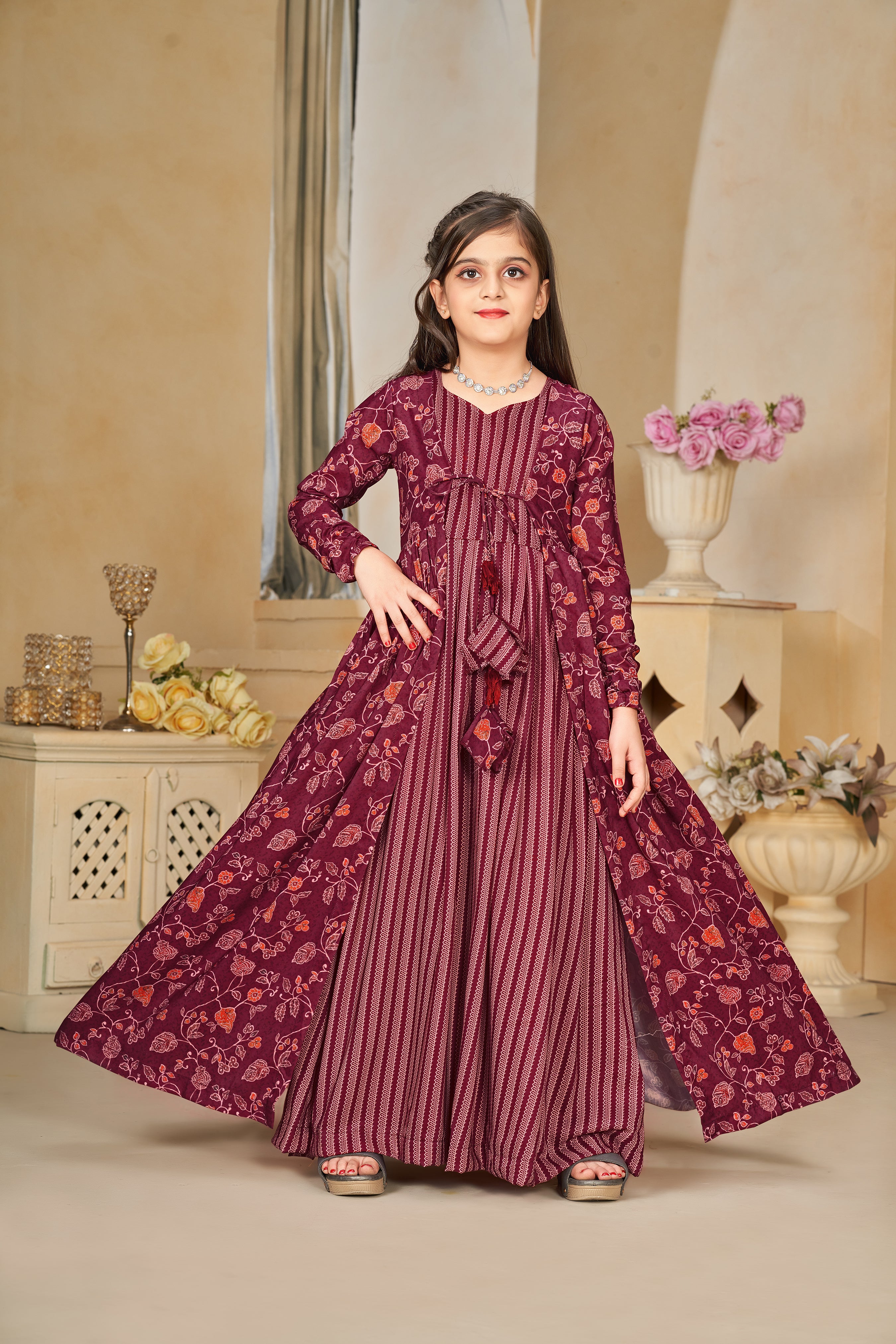 Kids Maroon Muslin Digital Printed Kurti Set