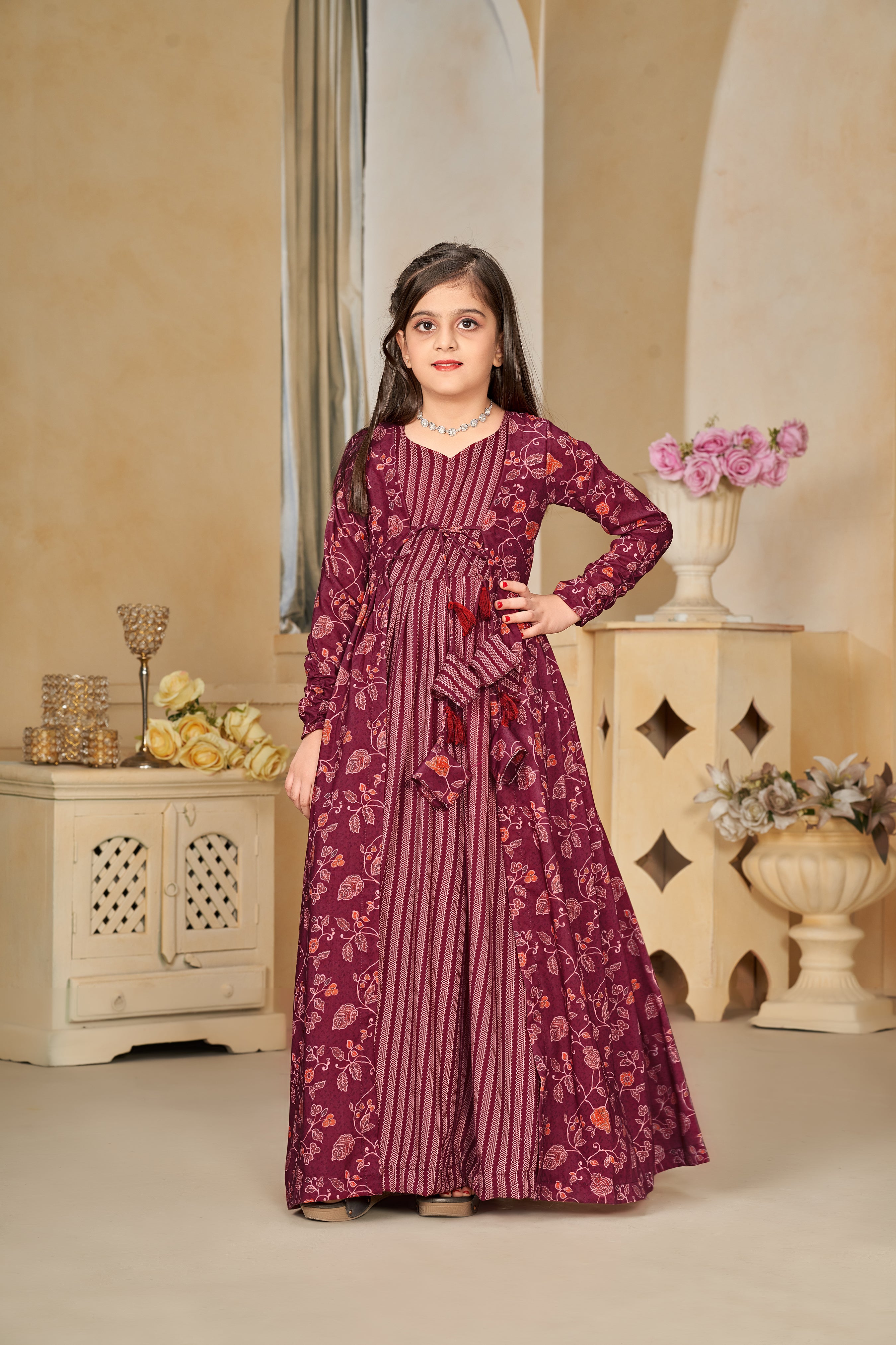 Kids Maroon Muslin Digital Printed Kurti Set