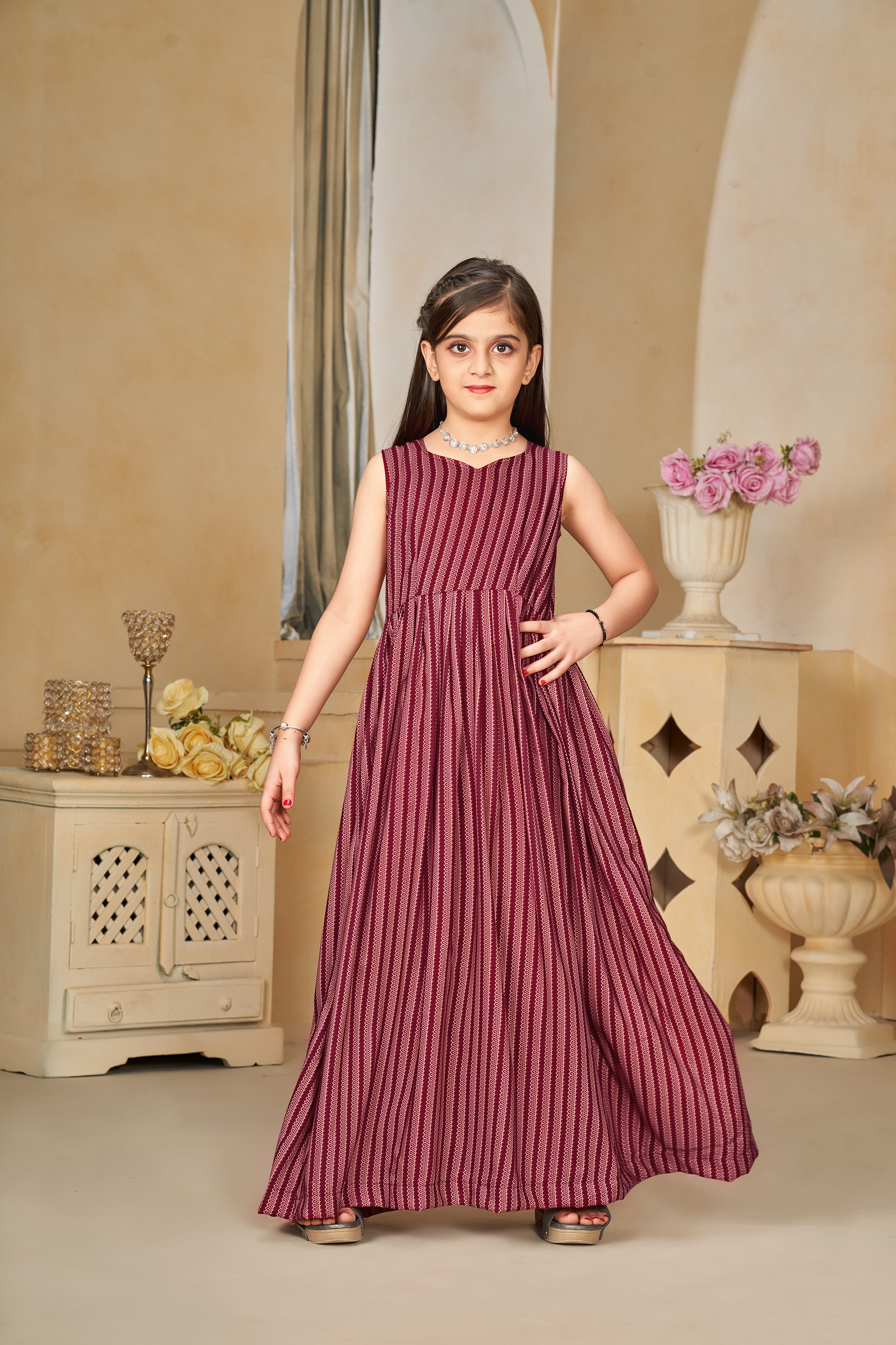 Kids Maroon Muslin Digital Printed Kurti Set