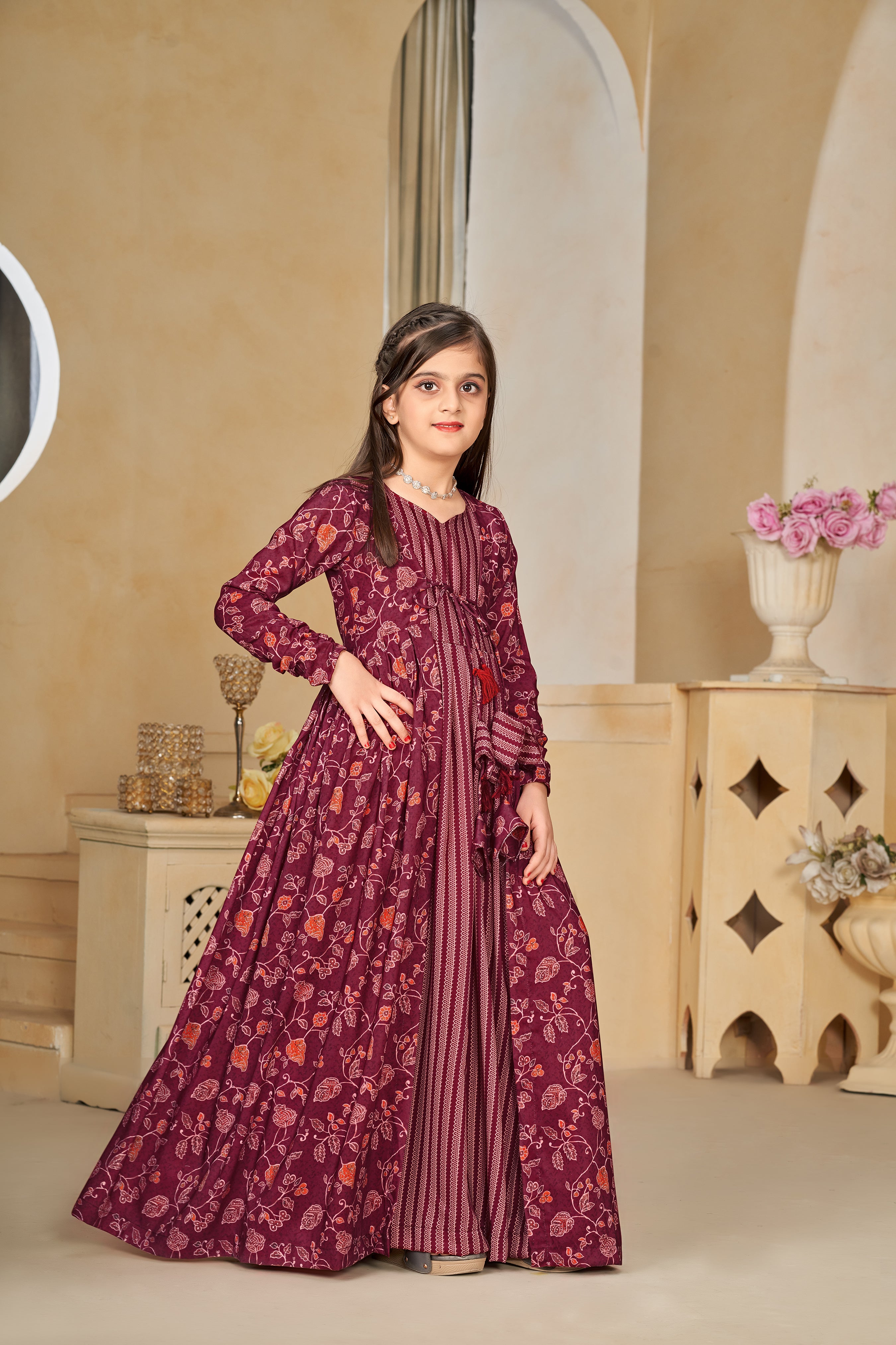 Kids Maroon Muslin Digital Printed Kurti Set