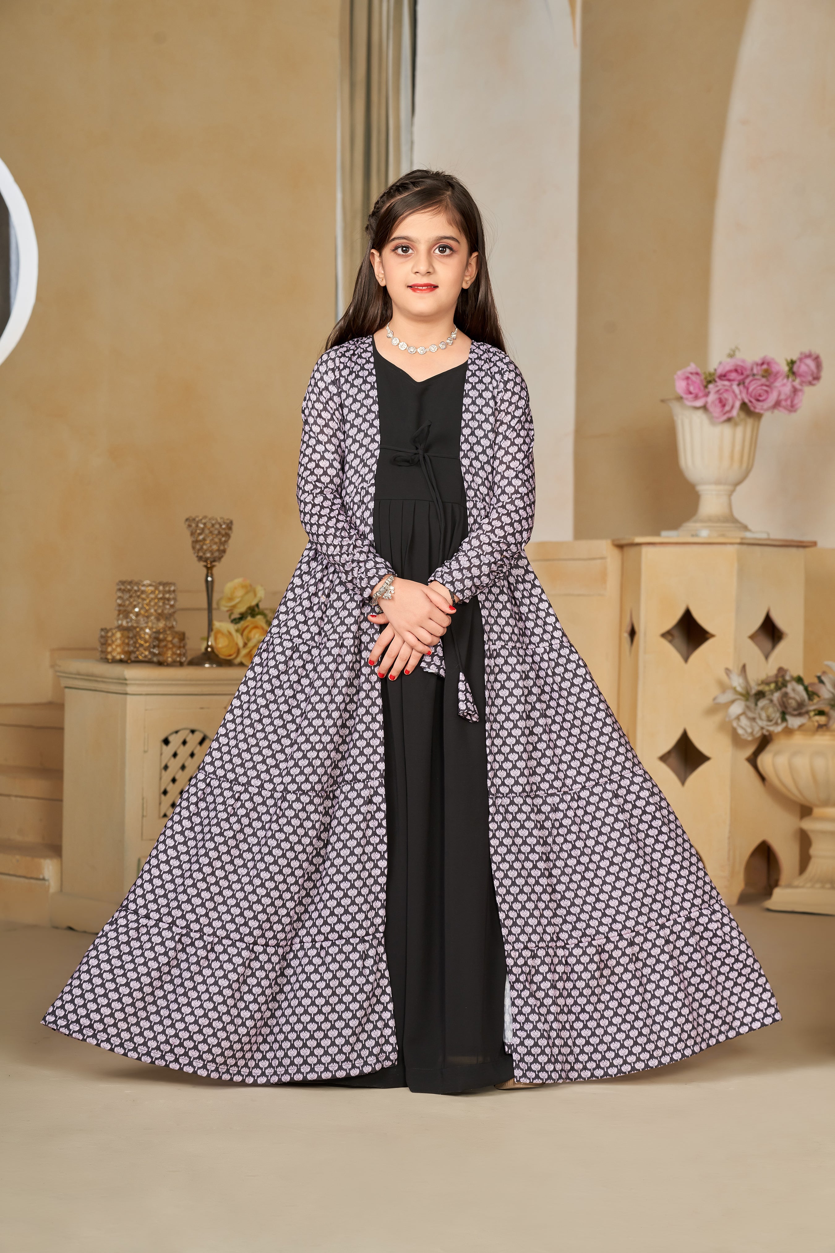 Kids Black Muslin Digital Printed Kurti Set