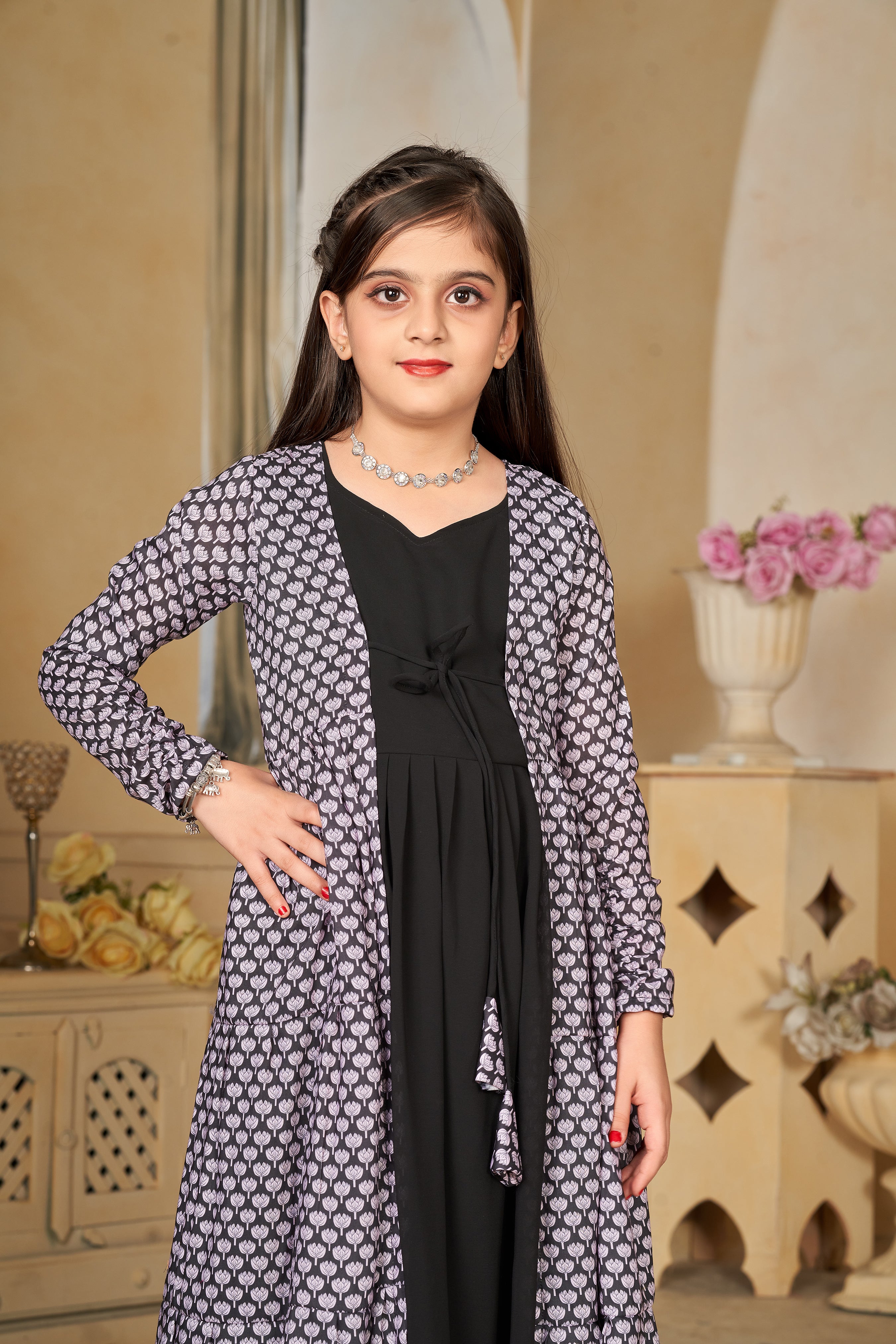 Kids Black Muslin Digital Printed Kurti Set