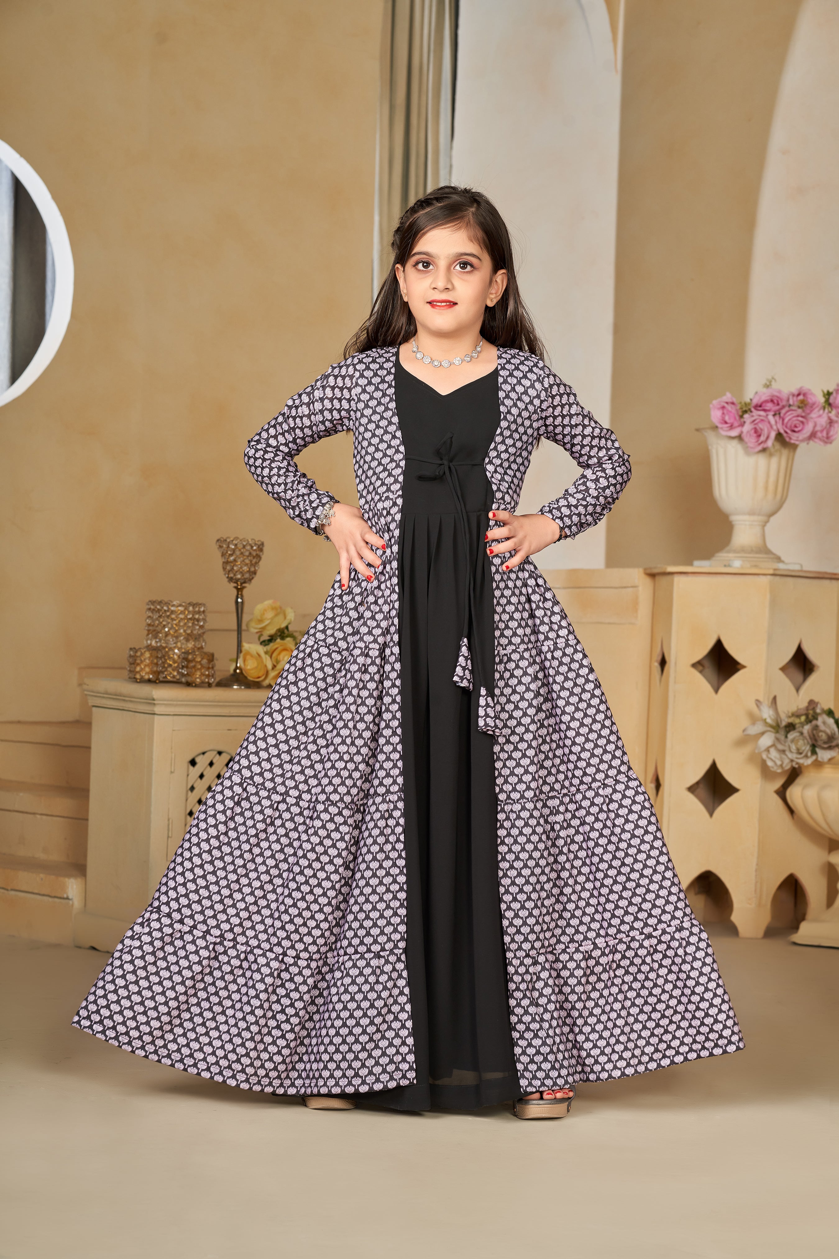 Kids Black Muslin Digital Printed Kurti Set