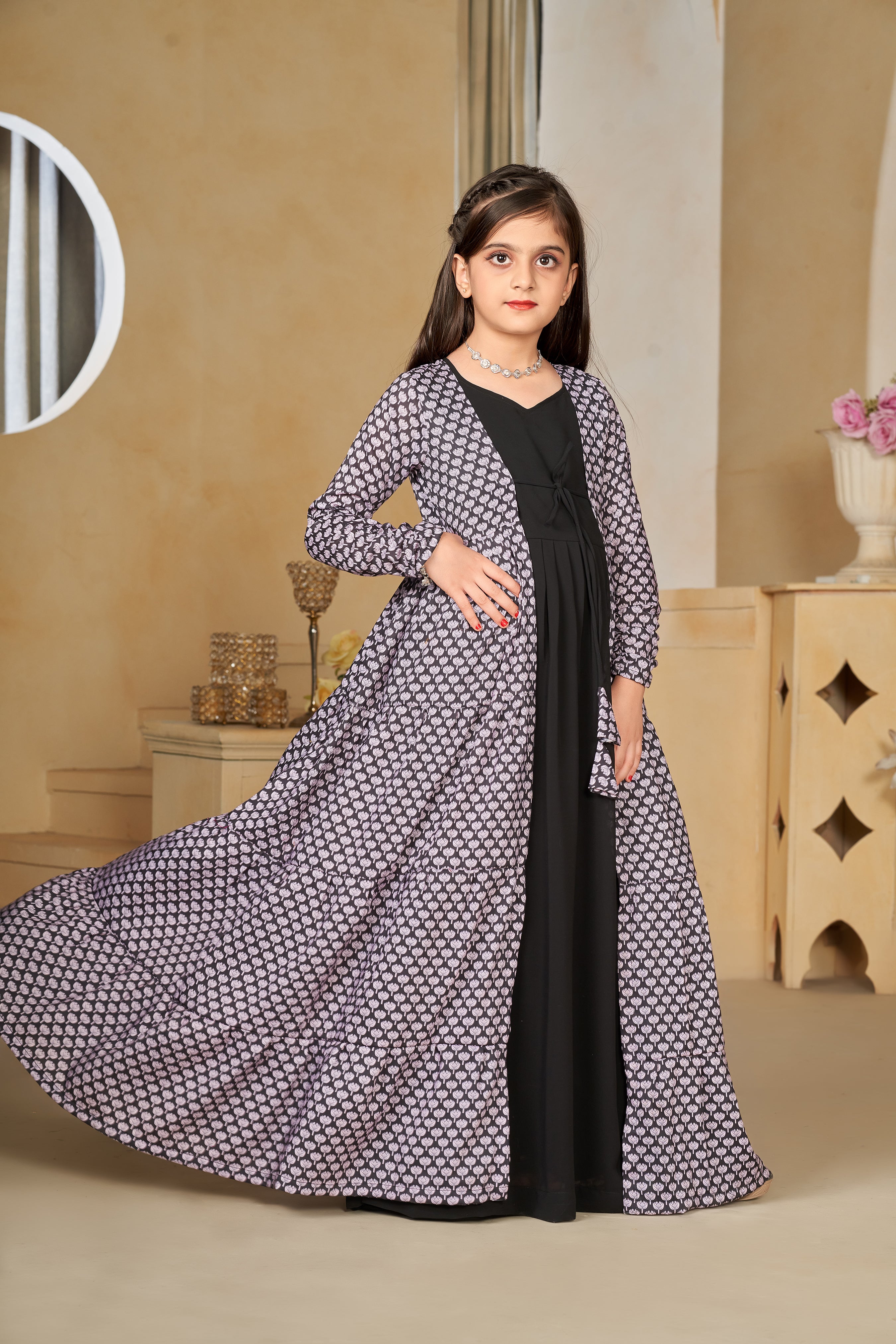 Kids Black Muslin Digital Printed Kurti Set