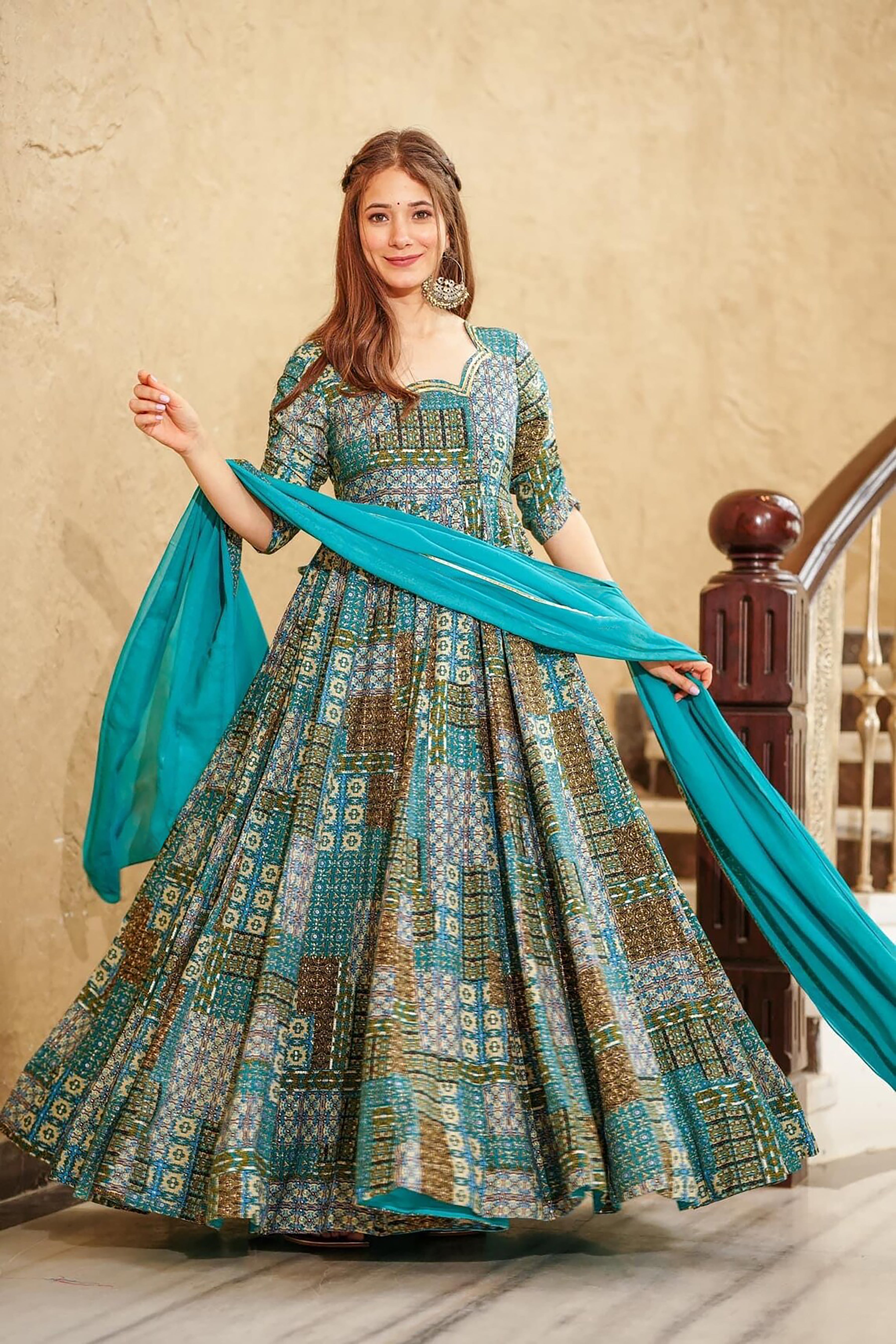 Woman Sky Blue Heavy Rayon Heavy Digital Printed  Gown Dupatta