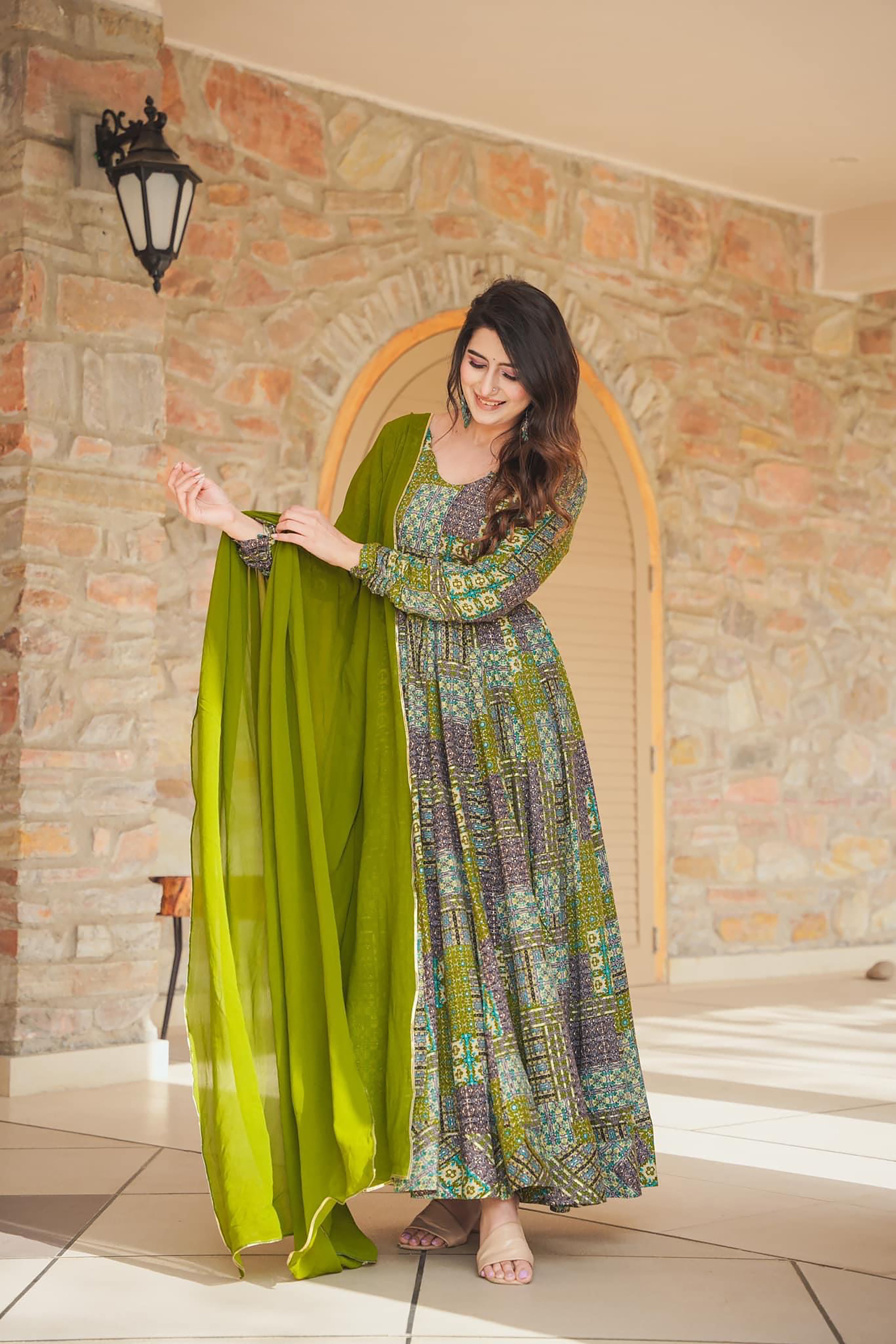 Woman Green Heavy Rayon Heavy Digital Printed  Gown Dupatta