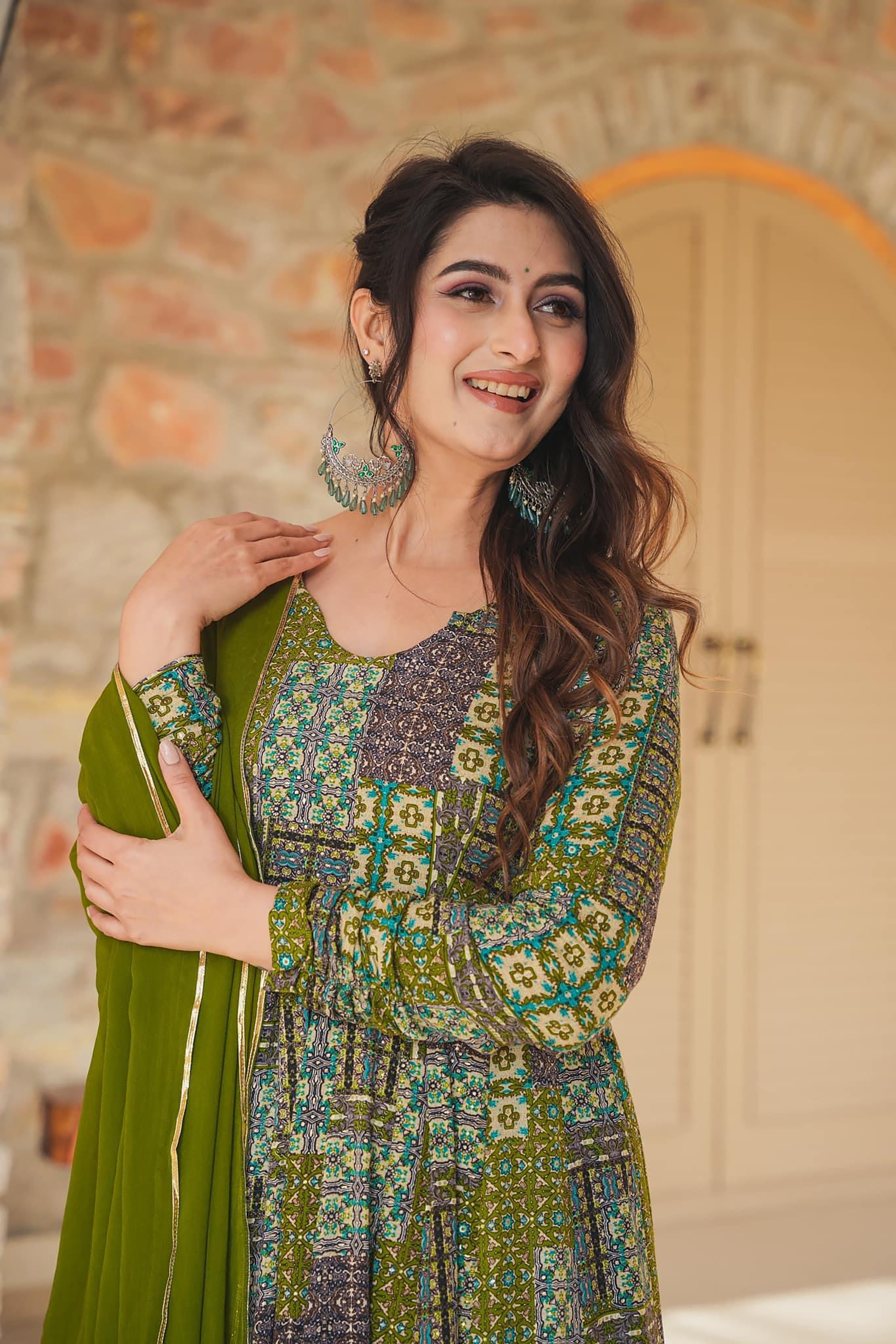 Woman Green Heavy Rayon Heavy Digital Printed  Gown Dupatta