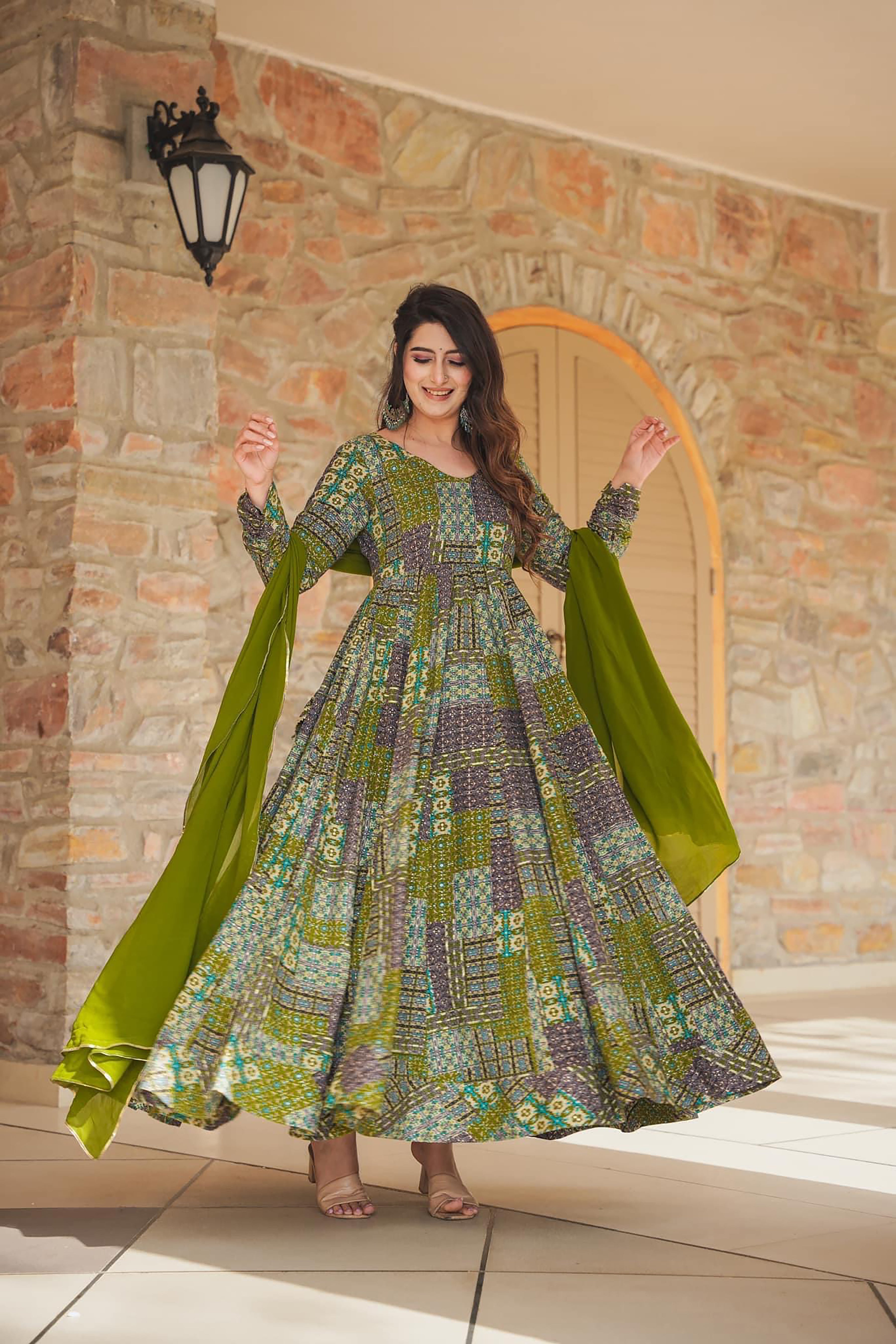 Woman Green Heavy Rayon Heavy Digital Printed  Gown Dupatta