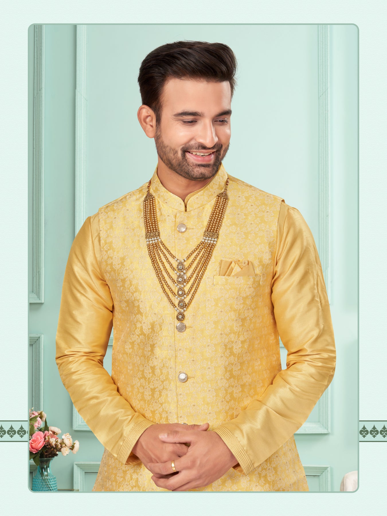 Men Yellow Art Dupion Kurta Set With Jacket