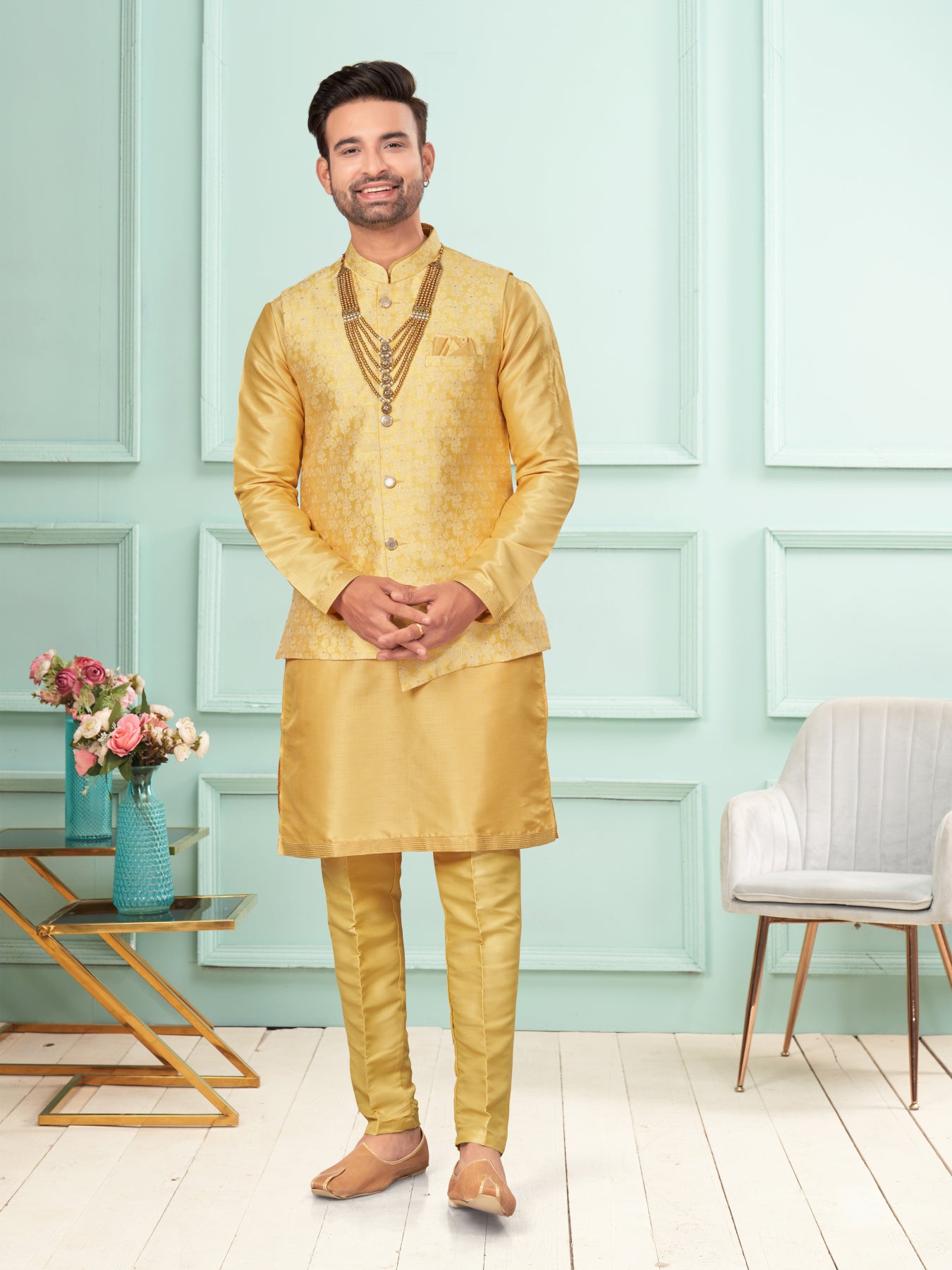 Men Yellow Art Dupion Kurta Set With Jacket