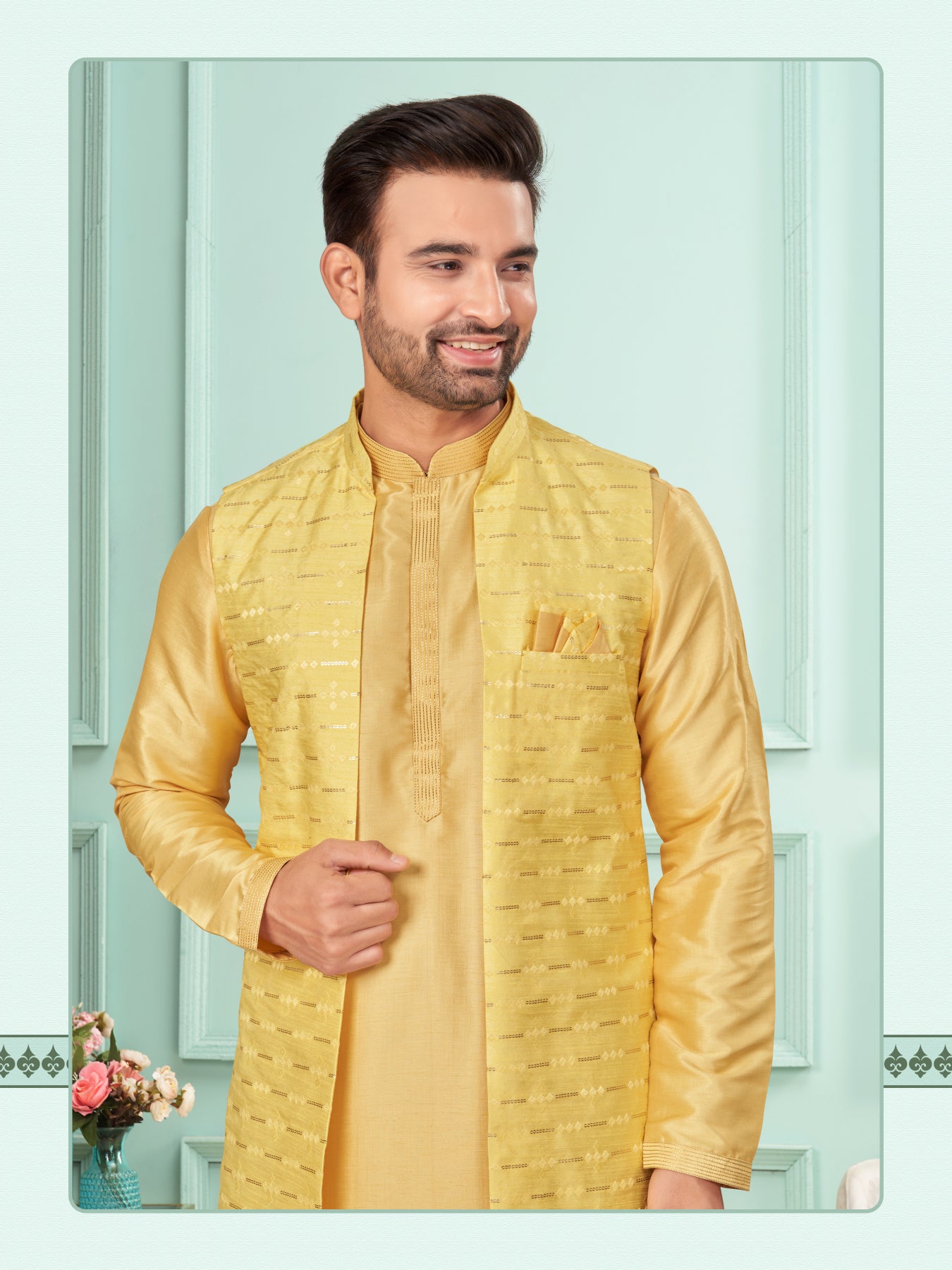 Men Yellow Art Dupion Kurta Set With Jacket