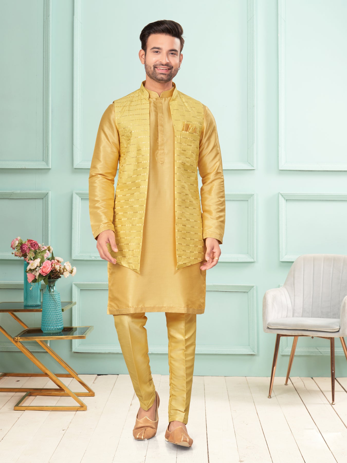 Men Yellow Art Dupion Kurta Set With Jacket