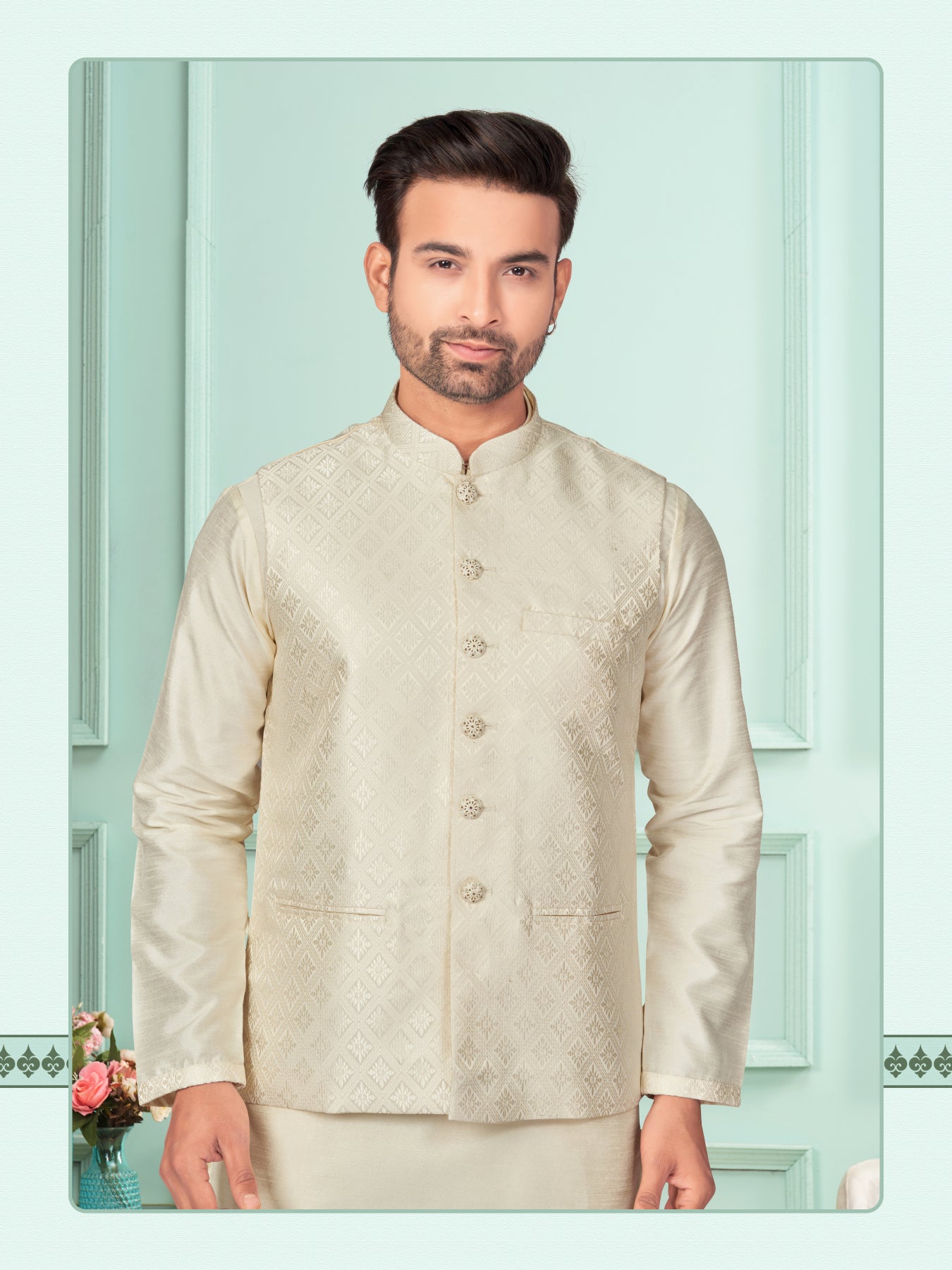 Men Cream  Art Dupion Kurta Set With Jacket