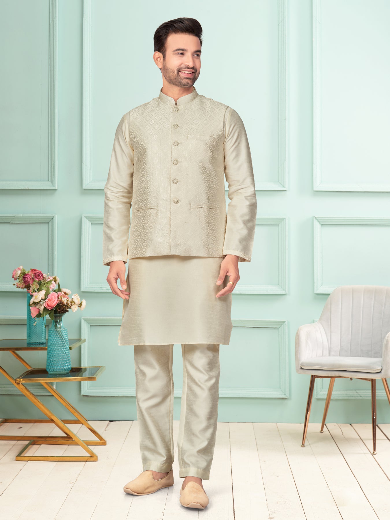 Men Cream  Art Dupion Kurta Set With Jacket