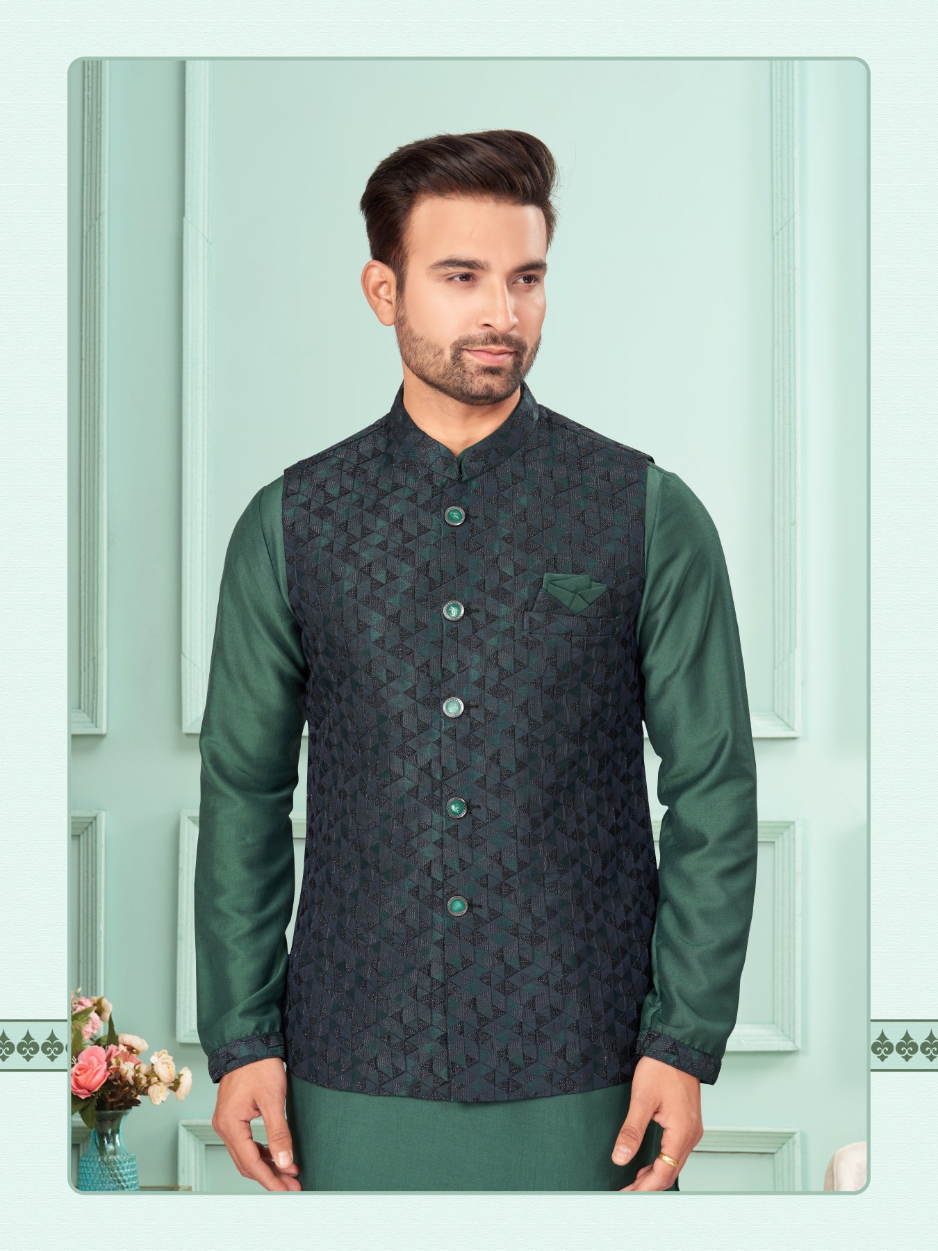 Men Navy Blue Art Dupion Kurta Set With Jacket