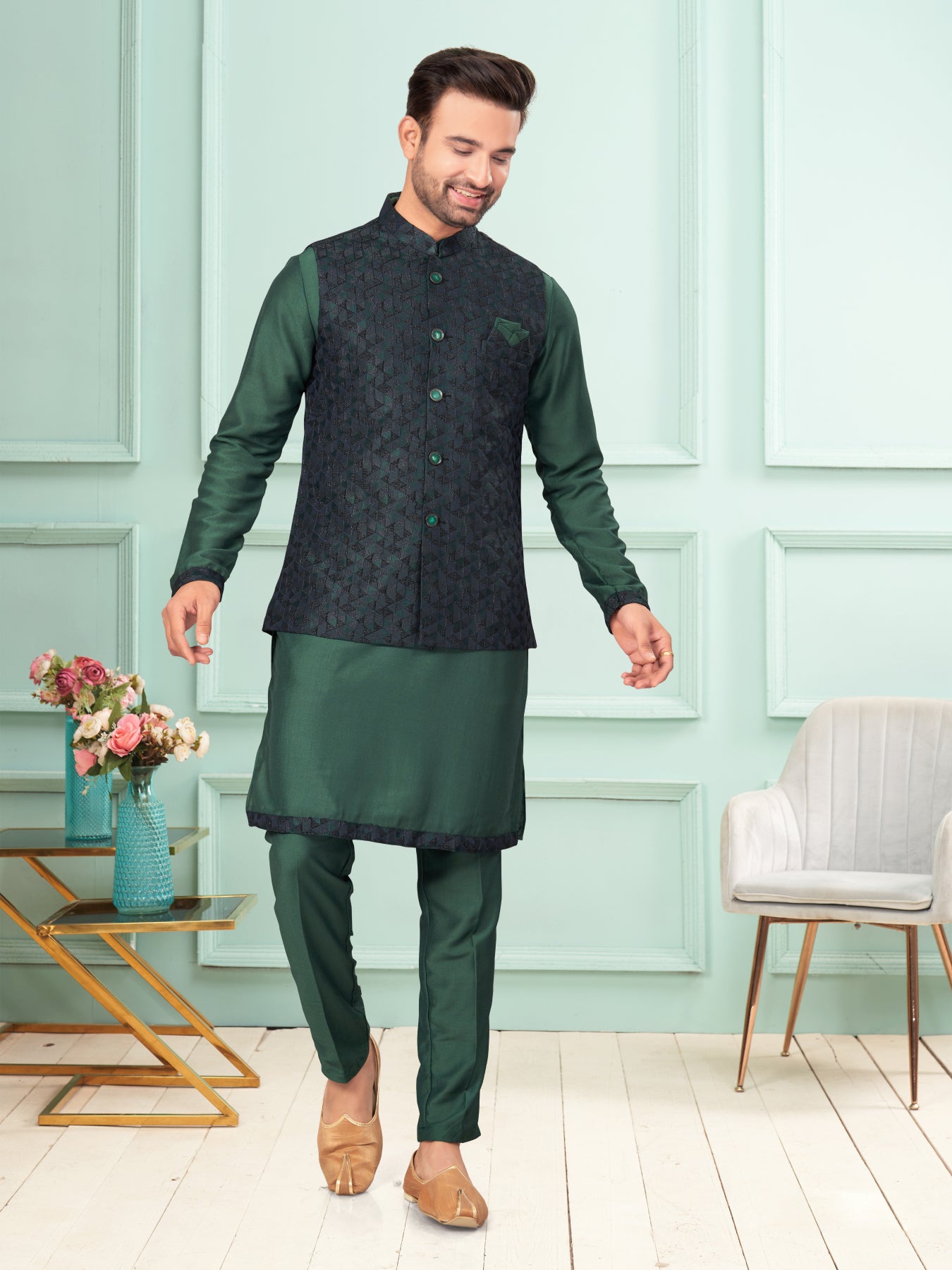 Men Navy Blue Art Dupion Kurta Set With Jacket