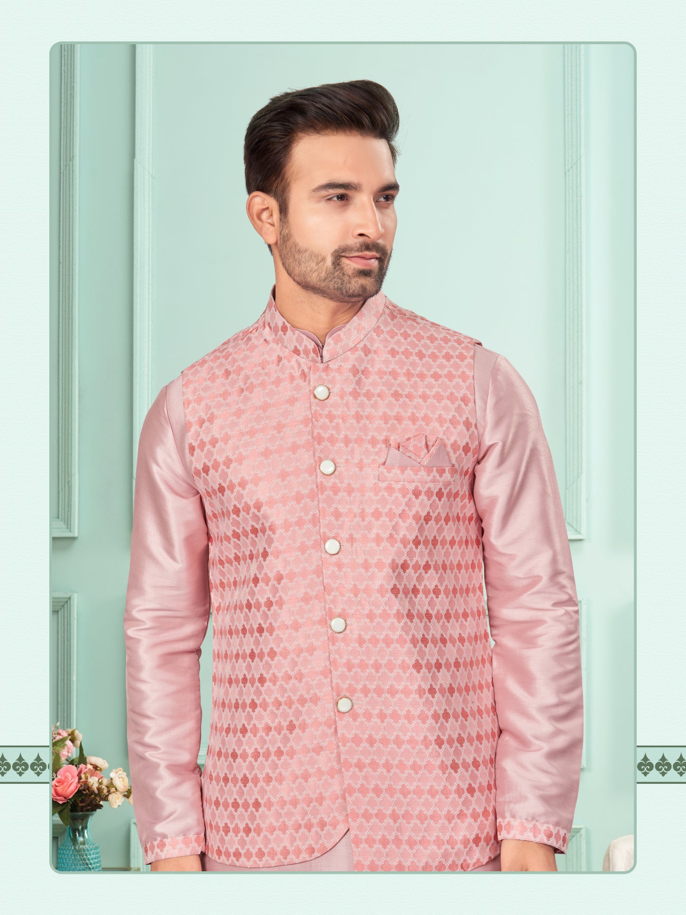 Men Pastel Pink Art Dupion Kurta Set With Jacket