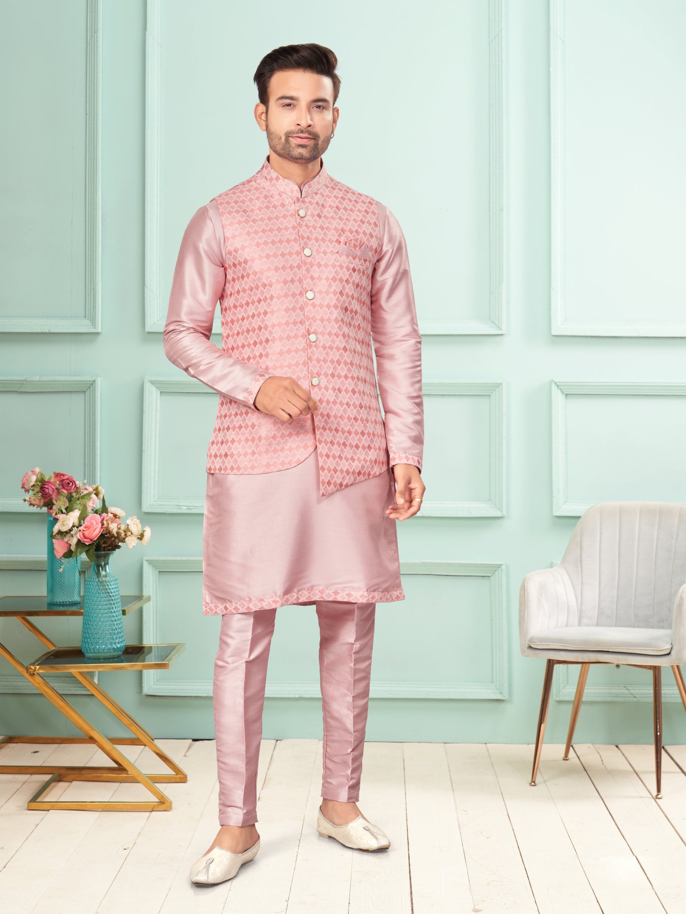 Men Pastel Pink Art Dupion Kurta Set With Jacket