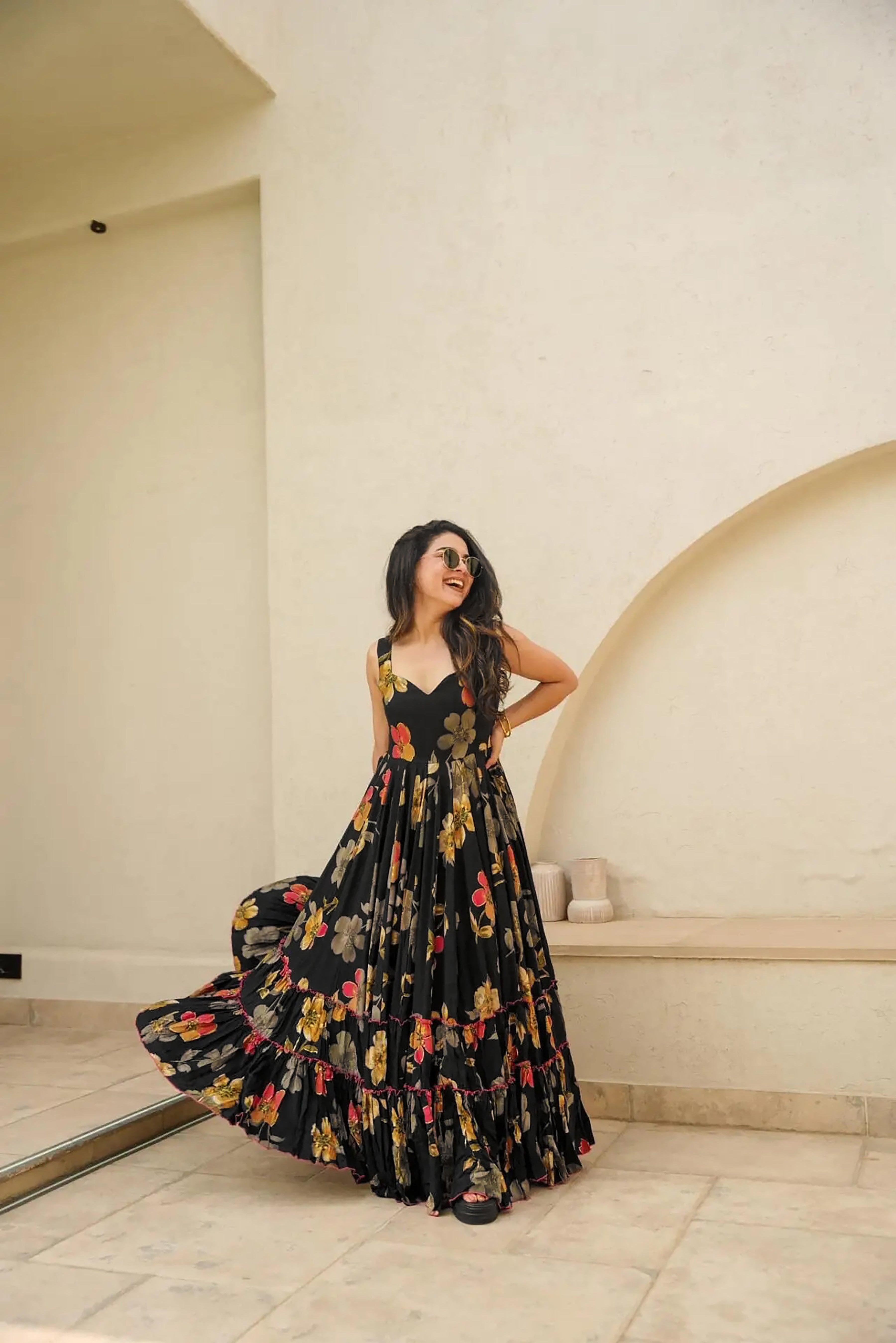 Women Black Rayon Heavy Digital Printed  Gown